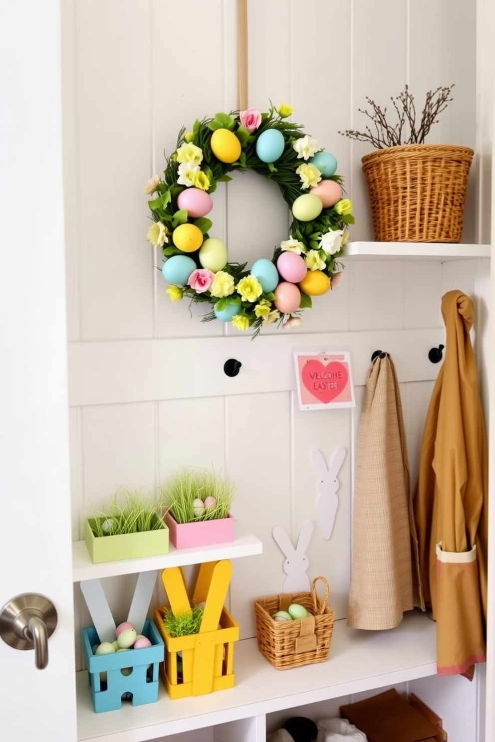 A welcoming mudroom decorated for Easter. A colorful wreath made of pastel eggs and spring flowers hangs prominently on the door, setting a festive tone. Inside, the mudroom is adorned with cheerful decorations. Brightly painted wooden baskets filled with faux Easter grass and eggs are placed on the shelves, while a garland of bunny-shaped cutouts drapes across the coat hooks.