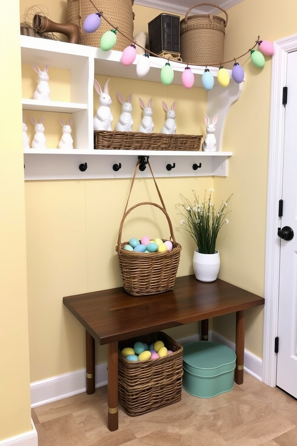 A cozy mudroom decorated for Easter. Shelves and tables are adorned with charming bunny figurines, each uniquely painted in pastel colors. The walls are a soft yellow, complementing the spring theme, and a wicker basket filled with colorful Easter eggs sits on a wooden bench. Above the bench, a garland of pastel-colored paper eggs hangs, adding a festive touch.