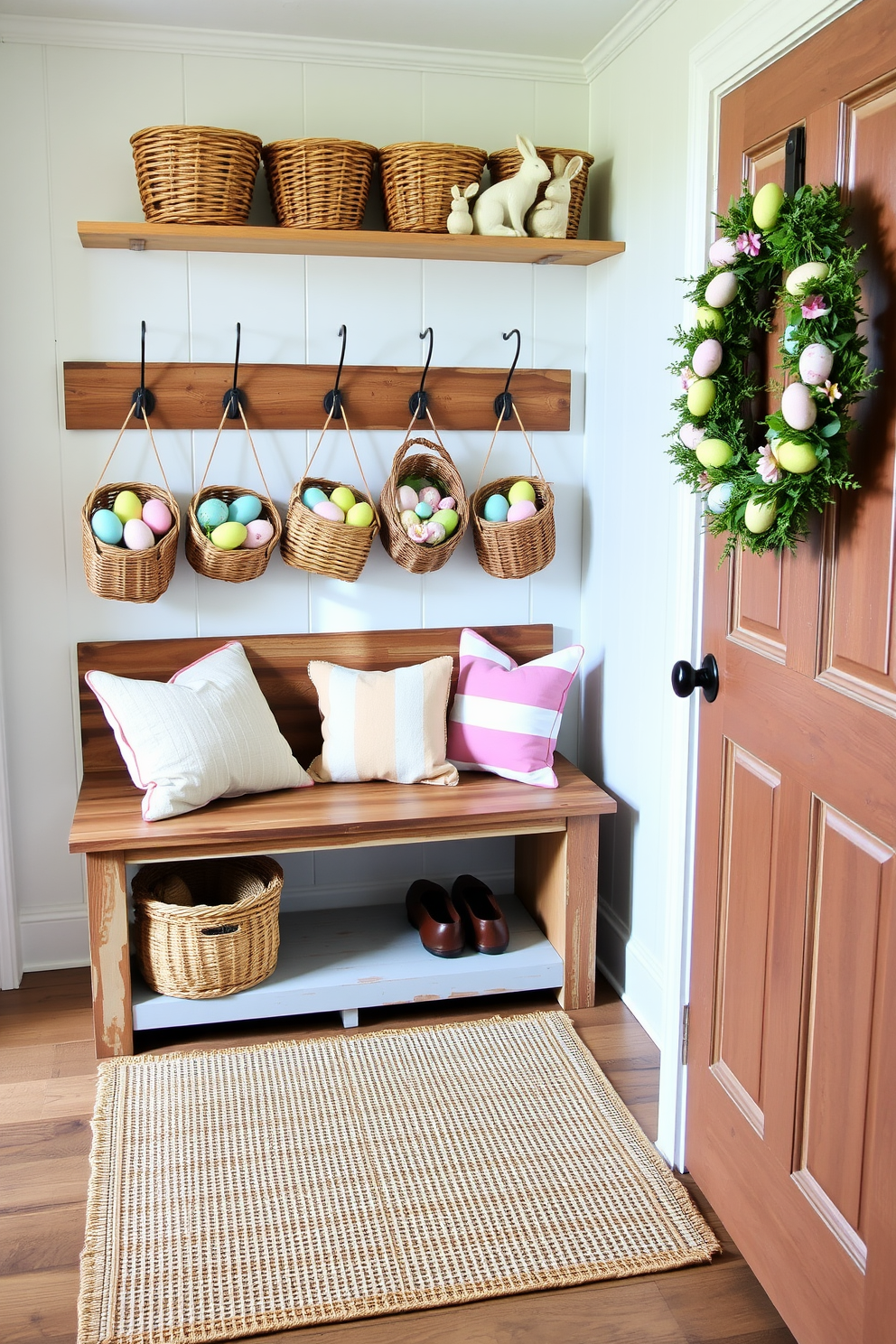 A charming mudroom decorated for Easter. The space features a rustic wooden bench with pastel-colored cushions, and above it, a row of hooks with hanging wicker baskets filled with colorful Easter eggs and spring flowers. On the floor, a jute rug adds a cozy touch, while a wooden shelf holds a collection of ceramic bunnies and bird nests. A cheerful wreath made of pastel eggs and greenery adorns the door, completing the festive look.