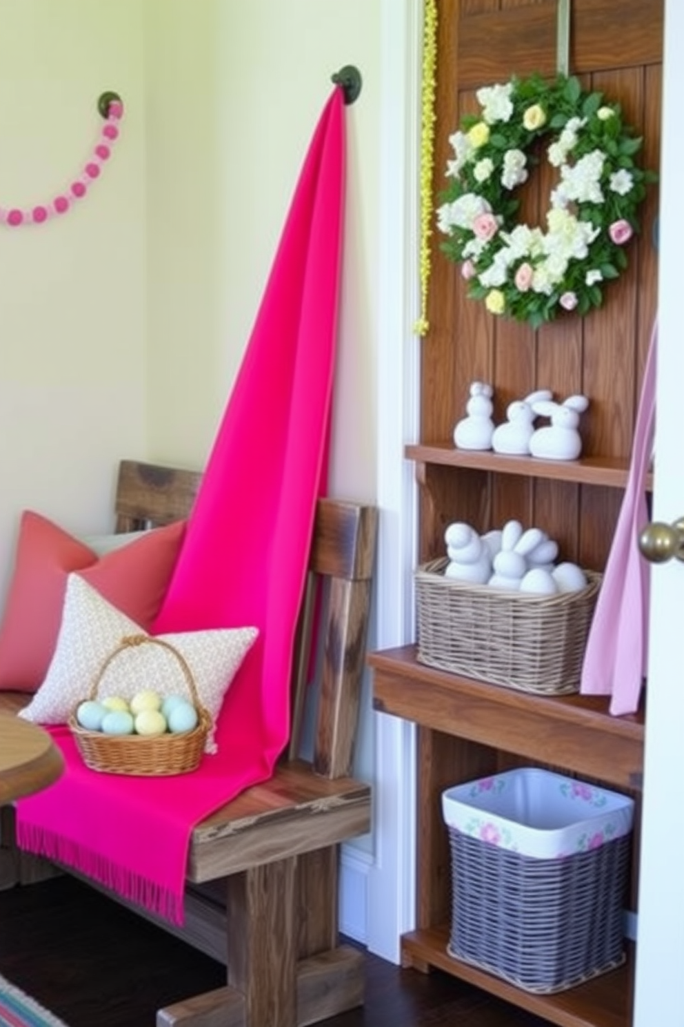 A brightly colored table runner drapes elegantly over a rustic wooden bench, adding a vibrant splash of color to the room. The bench is adorned with decorative pillows in complementary hues, creating a cozy and inviting atmosphere. In a charming mudroom, Easter decorations bring a festive touch with pastel-colored garlands and bunny figurines. A wicker basket filled with painted eggs sits on a wooden shelf, while a floral wreath hangs on the door, welcoming guests with seasonal cheer.