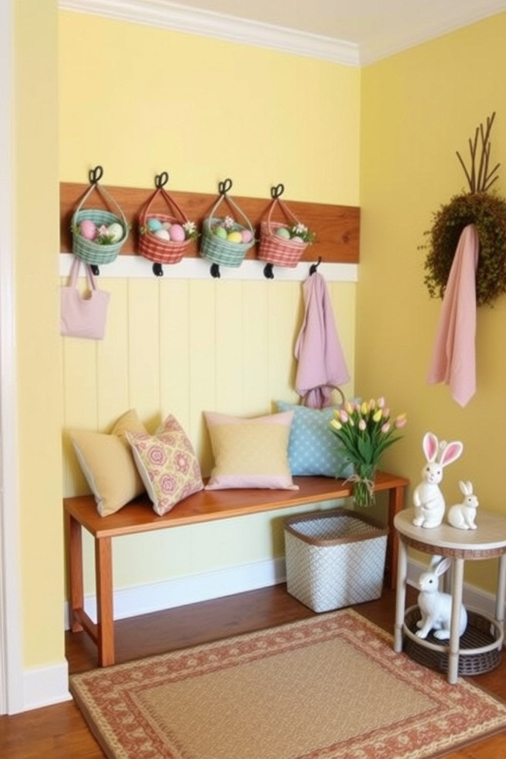 A cozy mudroom adorned with Easter decorations. The walls are painted a soft pastel yellow, and a wooden bench sits against one wall with colorful, patterned cushions. Above the bench, a series of hooks hold pastel-colored baskets filled with Easter eggs and small spring flowers. A woven rug with an Easter bunny design lies on the floor, and a small table in the corner displays a ceramic bunny and a vase of tulips.