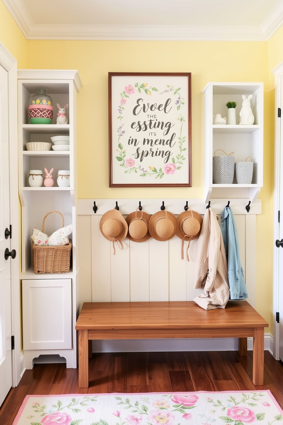 A cozy mudroom adorned with Easter-themed decorations. The walls are painted a soft pastel yellow, and there are white wooden shelves filled with colorful Easter baskets and ceramic bunnies. On the wall, there's a framed piece of art featuring an inspirational quote in elegant script, surrounded by painted Easter eggs and spring flowers. The floor is covered with a cheerful, floral-patterned rug, and a wooden bench with pastel-colored cushions sits beneath a row of hooks holding woven hats and light jackets.