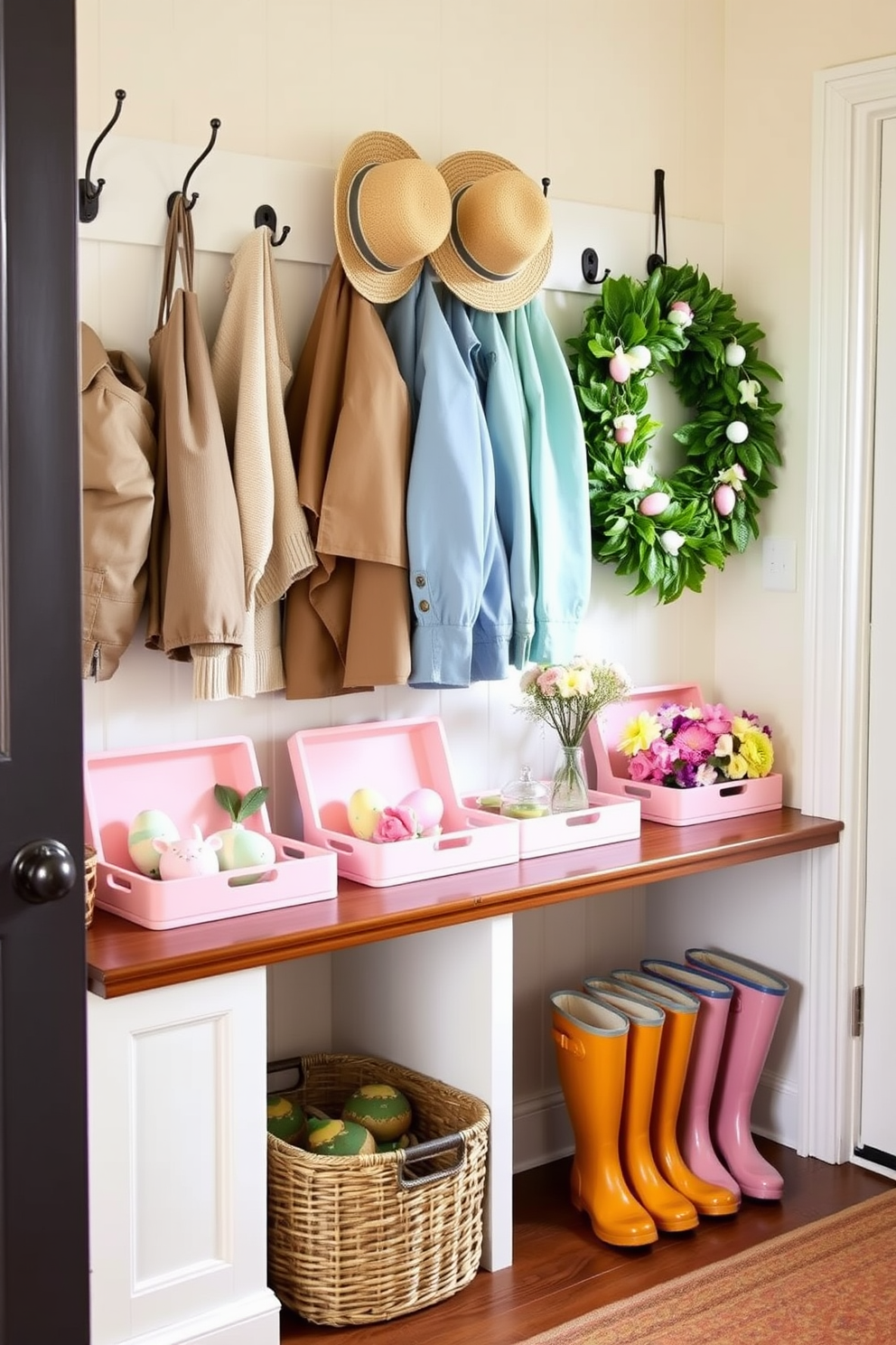 A cozy mudroom designed for Easter festivities. There are pastel-colored decorative trays on a wooden bench, each filled with seasonal items like painted eggs, small bunny figurines, and fresh spring flowers. Above the bench, a row of hooks holds light jackets and straw hats, while a woven basket on the floor contains colorful rain boots. The walls are painted a soft cream color, and a cheerful Easter wreath hangs on the door, welcoming guests with a touch of holiday charm.