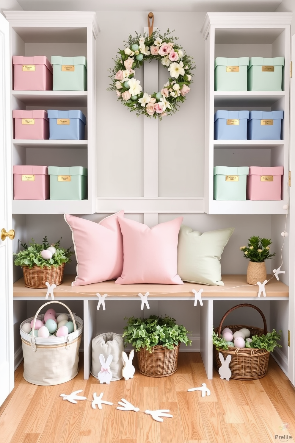 Pastel-colored storage bins are neatly arranged on white shelving units, each bin labeled with elegant gold tags. The bins come in soft hues of pink, blue, and mint green, complementing the light gray walls and natural wood flooring. Mudroom Easter Decorating Ideas feature a welcoming bench adorned with pastel-colored cushions and a decorative wreath made of spring flowers hanging above. Baskets filled with painted eggs and fresh greenery are placed on the floor, while a string of bunny-shaped garlands adds a festive touch to the space.