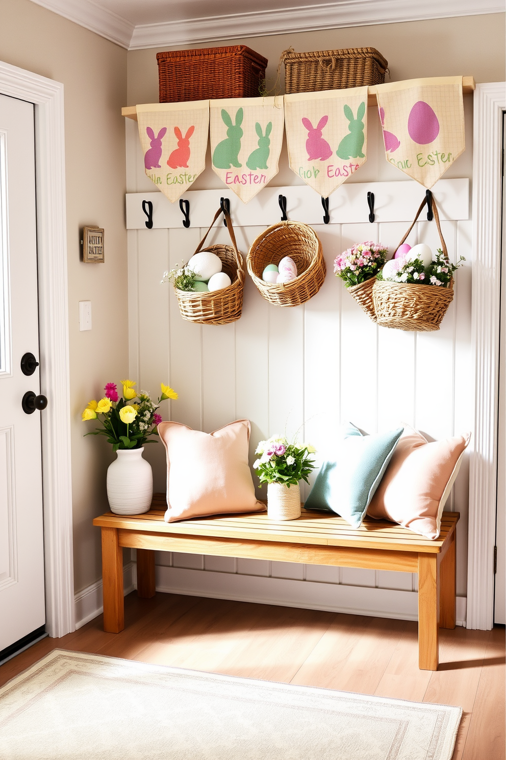 A cozy mudroom decorated for Easter. There are hanging fabric banners with colorful Easter motifs like bunnies, eggs, and flowers, adding a festive touch. A wooden bench sits against one wall, topped with pastel-colored cushions. Above the bench, hooks hold woven baskets filled with Easter decorations and spring flowers. The floor is covered with a patterned rug in soft pastel shades.