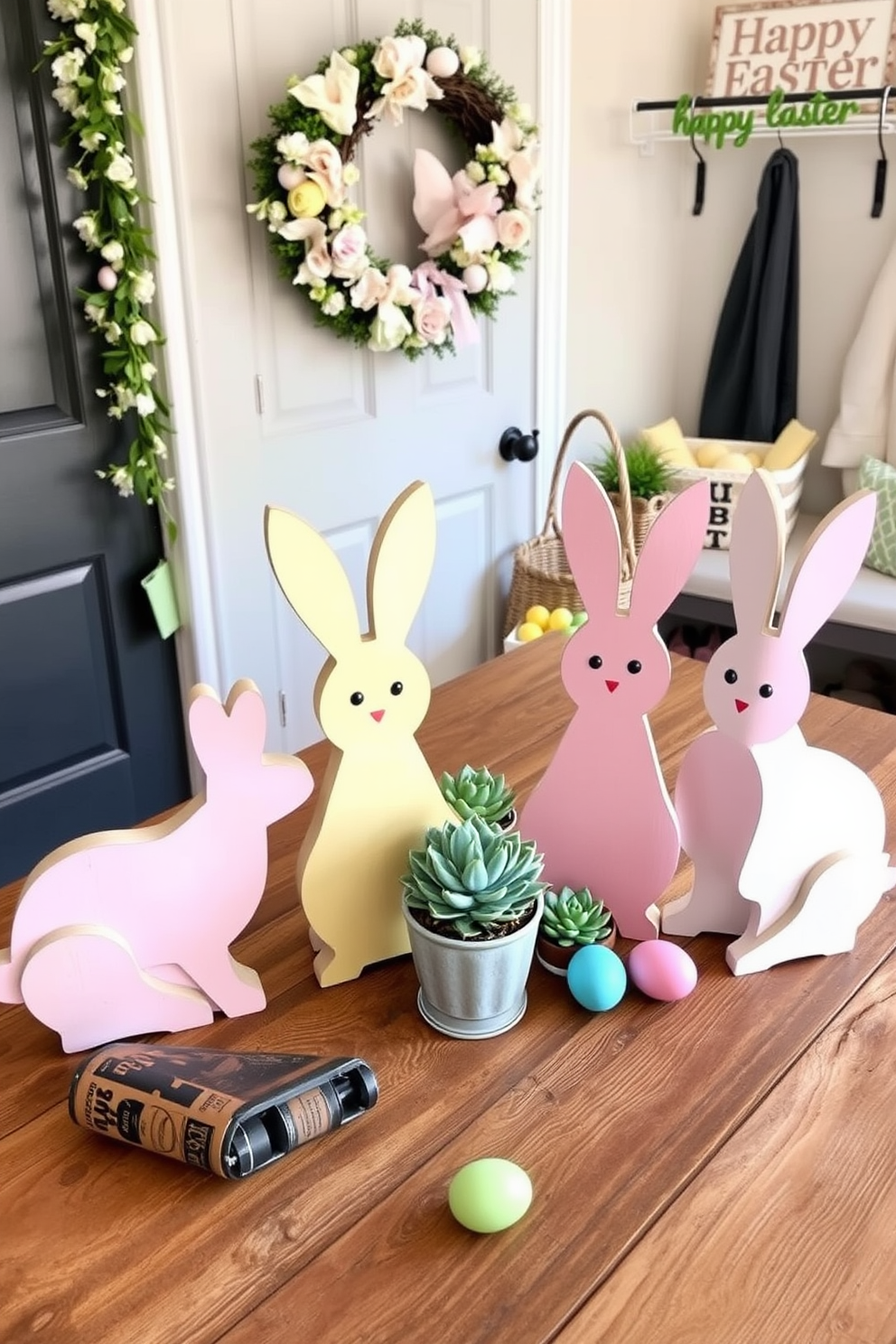 Wooden bunny cutouts for tabletop decor. Arrange a set of charming wooden bunny cutouts, each uniquely painted in soft pastels, on a rustic wooden table. Surround the bunnies with small potted succulents and scatter a few faux Easter eggs in vibrant colors to create a whimsical and inviting centerpiece. Mudroom Easter Decorating Ideas. Transform your mudroom into an Easter haven with a pastel-themed wreath hanging on the door and a decorative basket filled with colorful eggs on the bench. Add a touch of spring with a floral garland draped along the coat rack and a cheerful 