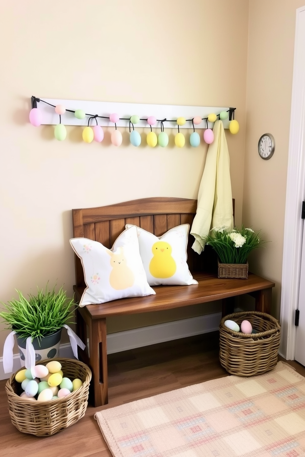 A cozy mudroom adorned for Easter. Across the wall, a pastel egg garland adds a festive touch, with eggs in soft shades of pink, blue, yellow, and green. Below the garland, a rustic wooden bench sits, topped with colorful throw pillows featuring bunny and chick patterns. On the floor, a woven rug in pastel hues anchors the space, while a wicker basket filled with decorative Easter eggs and faux grass rests beside the bench. The walls are painted in a light beige, creating a warm and inviting atmosphere that complements the Easter decorations.