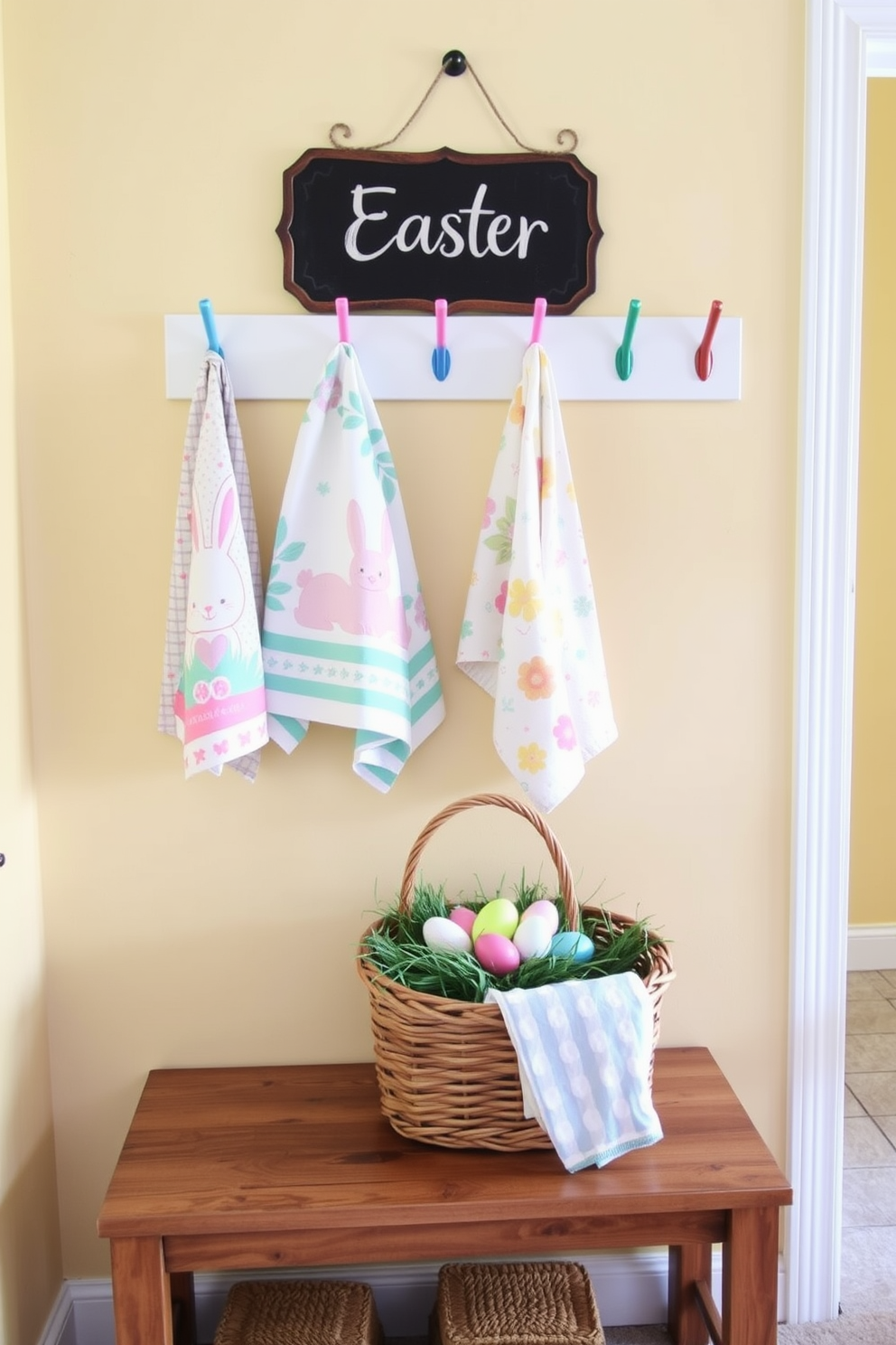 A cozy mudroom decorated for Easter. On the wall, colorful hooks hold pastel-colored dish towels with festive Easter patterns, such as bunnies, eggs, and flowers. Below the hooks, a wooden bench is adorned with a woven basket filled with faux grass and decorated eggs. The walls are painted a soft yellow, and a small chalkboard sign with a cheerful Easter greeting hangs above the bench.