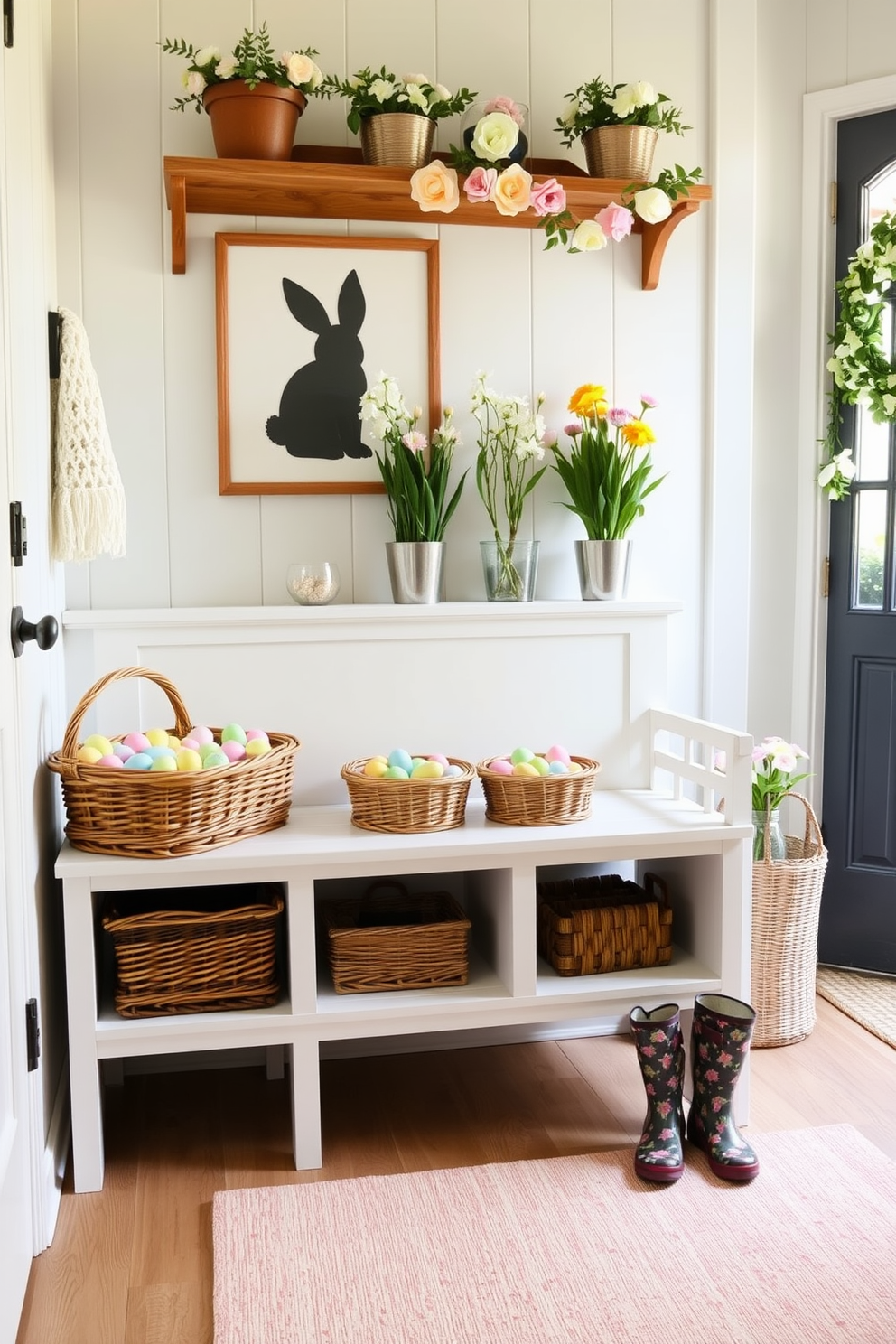 A bright and airy mudroom decorated for Easter. Wicker baskets filled with pastel-colored eggs are placed on a white bench, and above it, a wooden shelf holds potted plants with spring blooms. A large, framed bunny silhouette hangs on the wall, and a pastel-colored rug lines the floor. A garland of paper flowers drapes across the doorway, and a pair of rain boots with floral patterns sits neatly by the door.