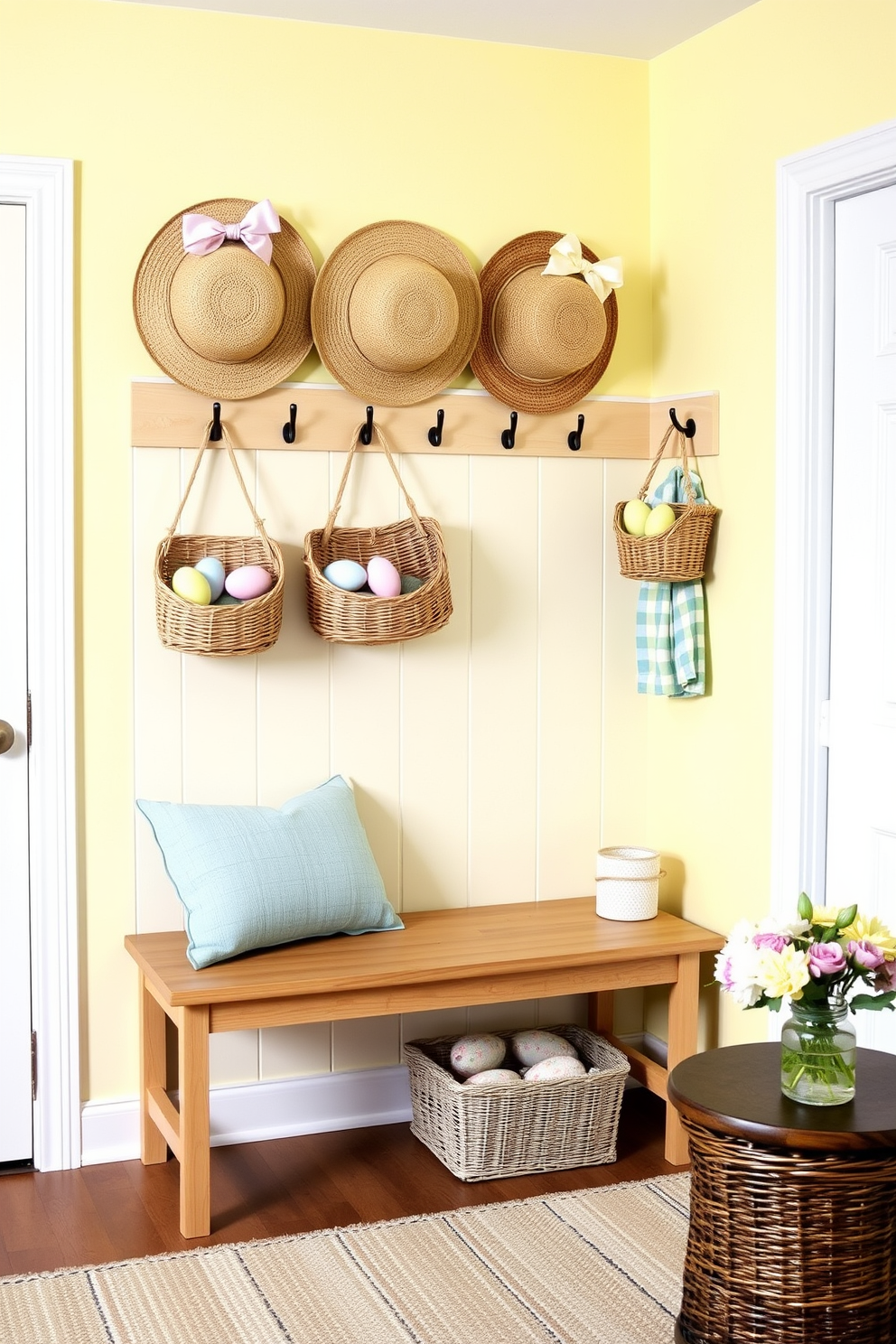 A cozy mudroom decorated for Easter. The walls are painted in a soft pastel yellow, and a wooden bench with a light blue cushion sits against one wall. Above the bench, a series of hooks hold straw hats with pastel-colored ribbons and wicker baskets filled with faux Easter eggs. On the floor, a woven rug in pastel shades adds warmth, and a small table nearby holds a vase of fresh spring flowers.