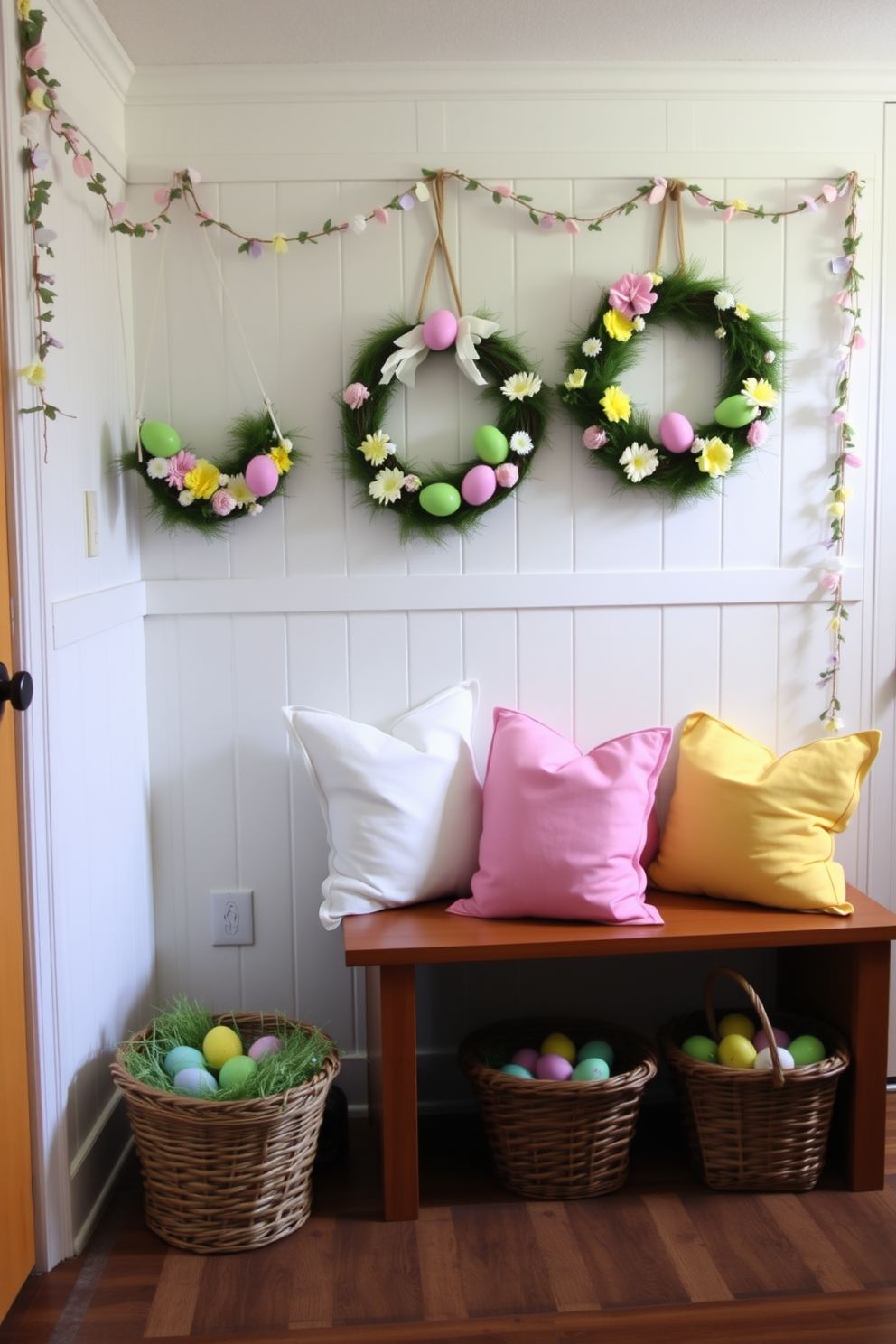 A cozy mudroom decorated for Easter. The walls are adorned with pastel-colored garlands and wreaths featuring spring flowers and Easter eggs. A wooden bench sits against one wall, topped with soft cushions in shades of pink and yellow. Baskets filled with faux grass and colorful eggs are placed underneath the bench, adding a playful touch.