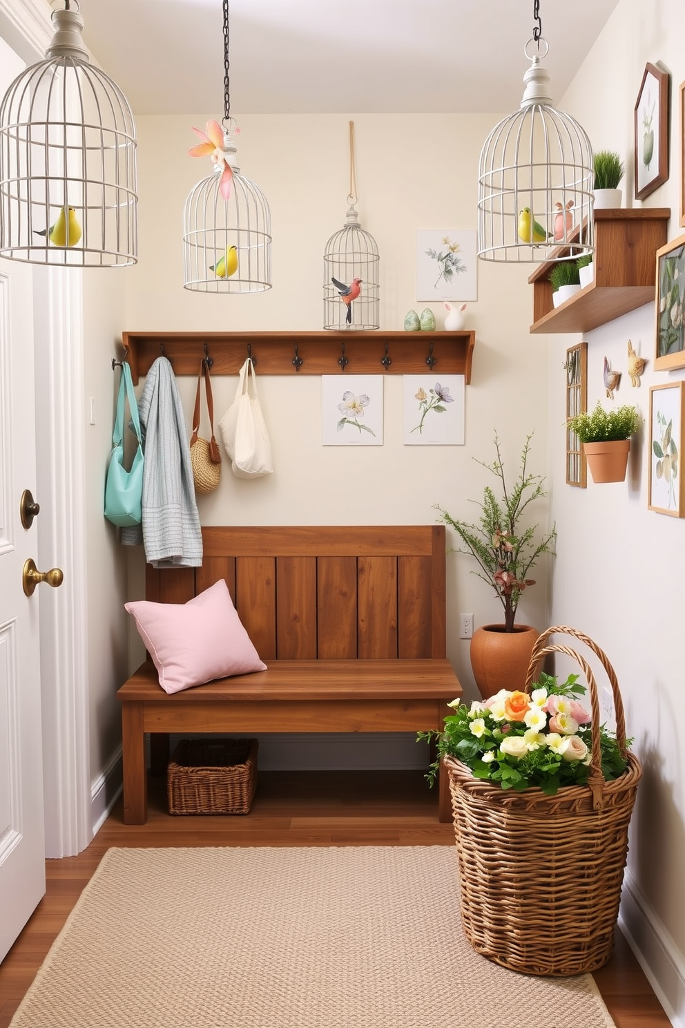 A cozy mudroom adorned for Easter. There's a rustic wooden bench with pastel-colored cushions, and above it, a row of hooks holds a variety of spring-themed hats and bags. On the opposite wall, a wooden shelf displays an assortment of Easter decorations, including ceramic bunnies, colorful eggs, and small potted plants. The floor is covered with a soft, woven rug in a light, neutral shade, and a wicker basket filled with fresh flowers sits beside the bench. Decorative birdcages with faux birds create a whimsical atmosphere. The birdcages, made of intricate wrought iron, are painted in soft, pastel colors and hang at varying heights from the ceiling. Inside each cage, lifelike faux birds in vibrant hues perch on delicate branches, adding a touch of nature to the room. Surrounding the birdcages, the walls are adorned with botanical prints and small, framed mirrors, enhancing the airy, garden-like feel.