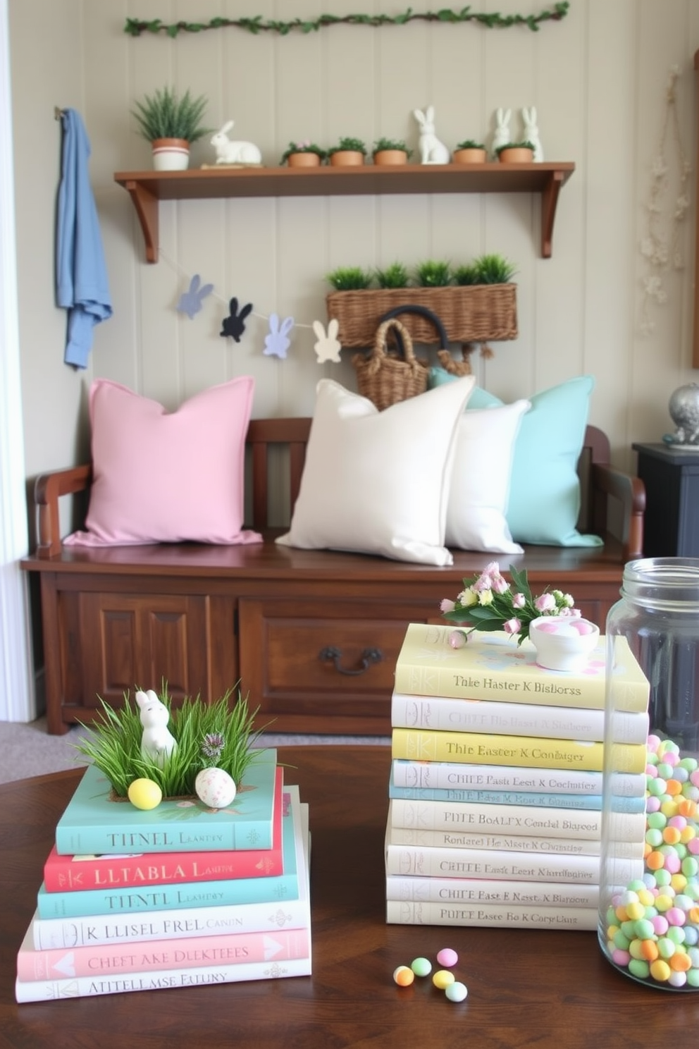 A cozy mudroom adorned with Easter-themed decorations. On a wooden bench, pastel-colored cushions are arranged, and above it, a shelf holds decorative Easter eggs and small potted flowers. Nearby, a wicker basket filled with faux grass and painted eggs sits on the floor, while a garland of bunny silhouettes hangs across the wall. A stack of Easter-themed books arranged decoratively on a coffee table. The books, with pastel covers and whimsical illustrations, are topped with a small ceramic bunny and a sprig of fresh flowers. Next to the stack, a glass jar filled with colorful candies adds a festive touch, completing the cheerful Easter display.