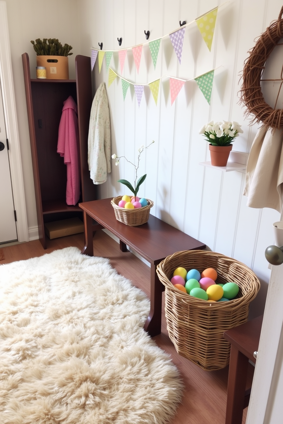 A cozy mudroom adorned with Easter decorations. The space features a faux fur rug in warm beige tones, providing a soft and inviting feel underfoot. Brightly colored Easter eggs are placed in a wicker basket on a wooden bench, with pastel-colored bunting hanging above. A small potted plant with blooming spring flowers sits on a shelf, adding a touch of nature and freshness to the room.