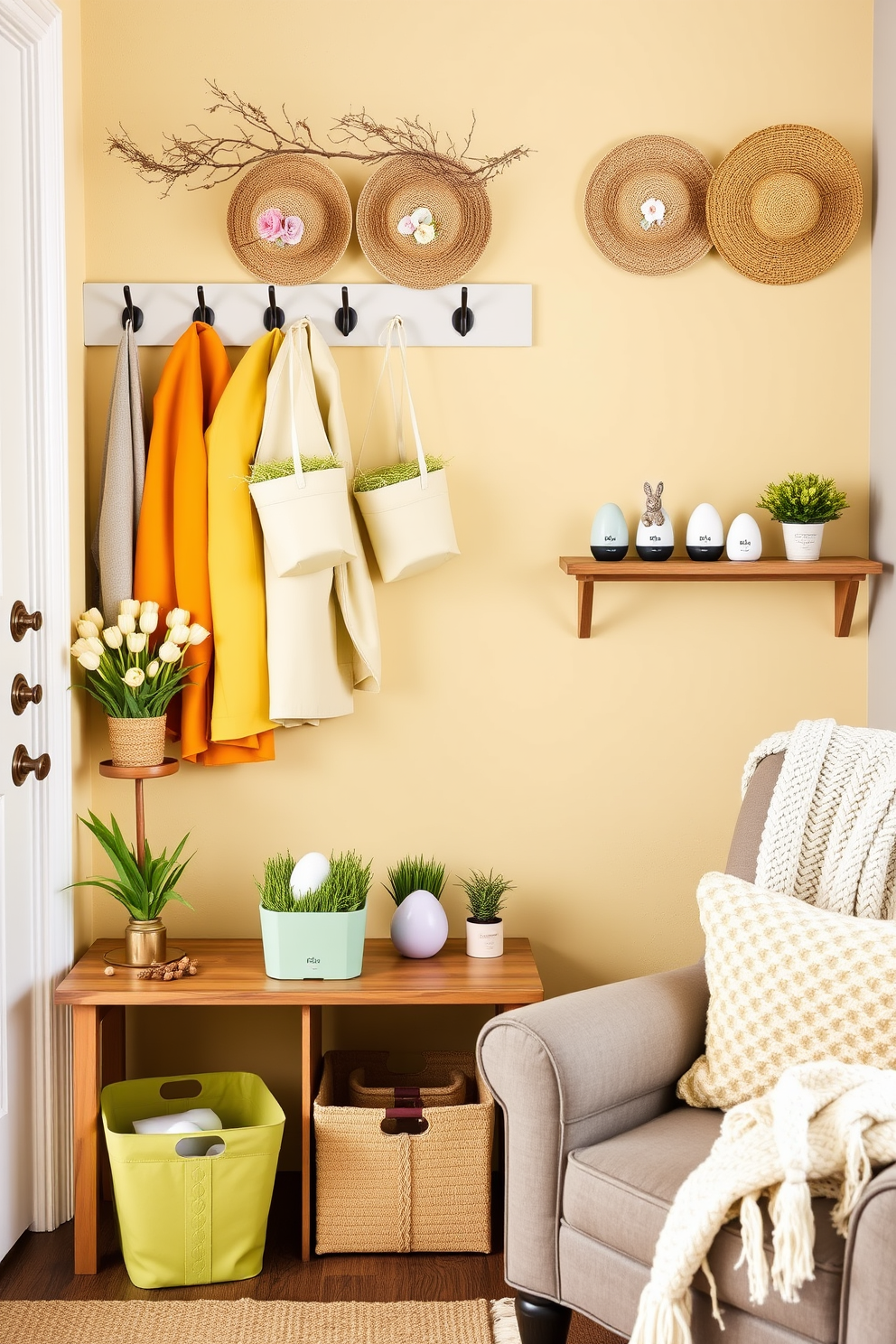 A welcoming mudroom adorned with Easter decorations. There are pastel-colored baskets filled with faux grass and decorated eggs placed on a wooden bench. Above the bench, a row of hooks holds vibrant spring jackets and straw hats adorned with flowers. The walls are painted a soft yellow, and a small table by the door features a vase of fresh tulips and a bunny figurine. A cozy corner dedicated to seasonal scents with essential oil diffusers. On a wooden shelf, there are several diffusers in varying shapes and sizes, surrounded by small potted plants. The air is filled with the calming aroma of lavender and eucalyptus, creating a serene atmosphere. The walls are painted a light grey, and a plush armchair with a knitted throw is positioned nearby, inviting relaxation.