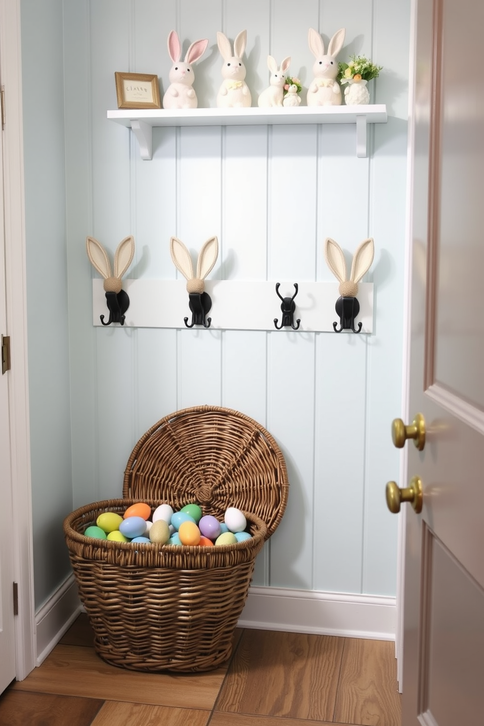 A charming mudroom adorned with whimsical bunny ear coat hooks. The walls are painted in a soft pastel blue, creating a serene backdrop for the playful hooks. A large wicker basket filled with colorful Easter eggs sits by the door. Above the basket, a shelf displays an assortment of decorative bunnies and spring flowers.