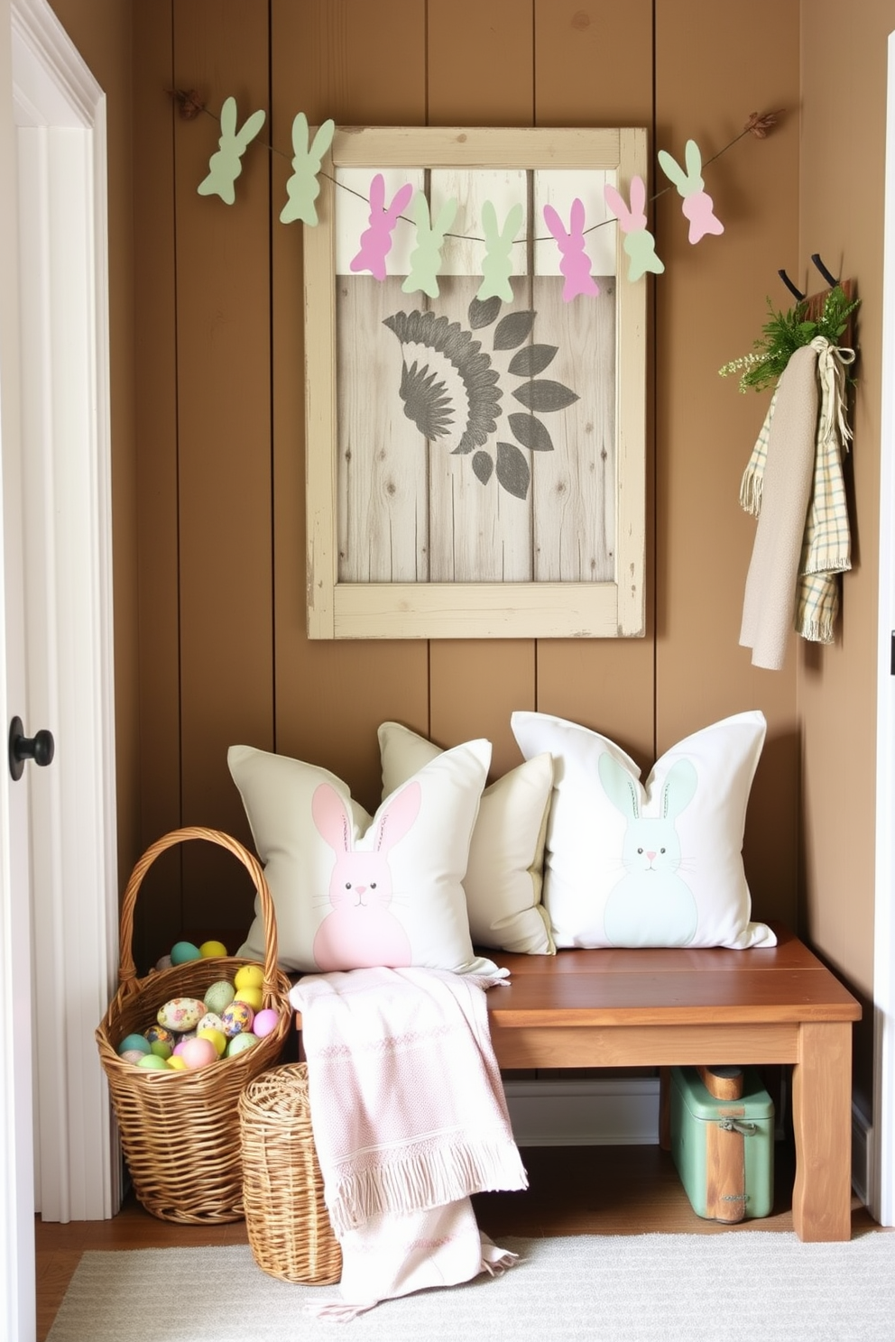 A cozy mudroom adorned with bunny-themed throw pillows on a rustic wooden bench. The pillows feature soft pastel colors and playful bunny designs, adding a whimsical touch to the space. Easter decorations bring a festive vibe to the mudroom, with a wicker basket filled with colorful eggs placed beside the bench. A garland of pastel-colored bunnies hangs above the doorway, completing the cheerful, seasonal look.