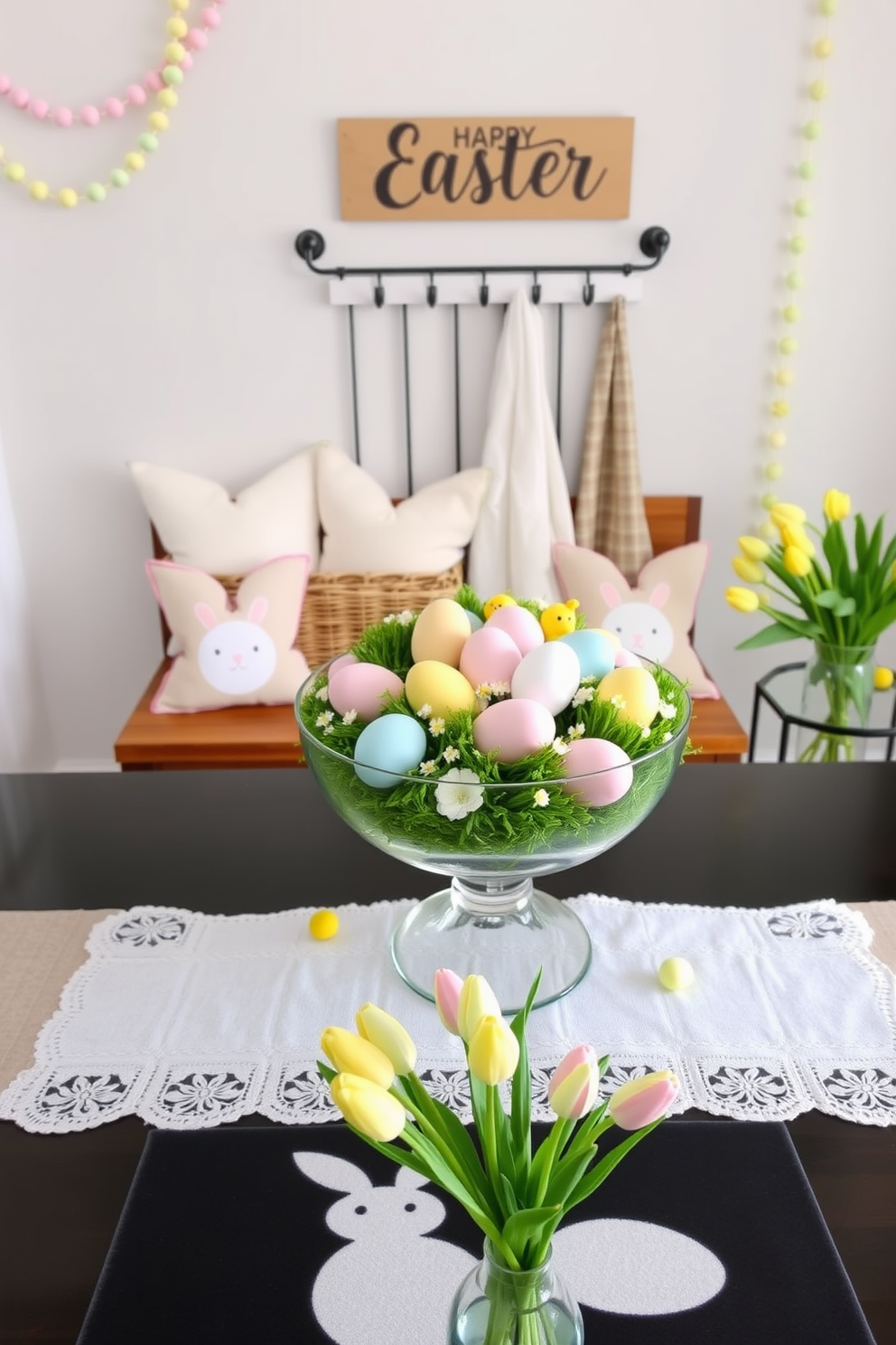 A vibrant egg centerpiece for a dining table. The centerpiece features an array of pastel-colored eggs nestled in a bed of fresh green moss, surrounded by small, delicate flowers in shades of pink, yellow, and blue. The eggs are arranged in a decorative glass bowl, which sits on a white lace table runner. Scattered around the bowl are tiny ceramic bunnies and chicks, adding a whimsical touch to the festive display. A charming mudroom decorated for Easter. The walls are adorned with pastel-colored garlands and a 