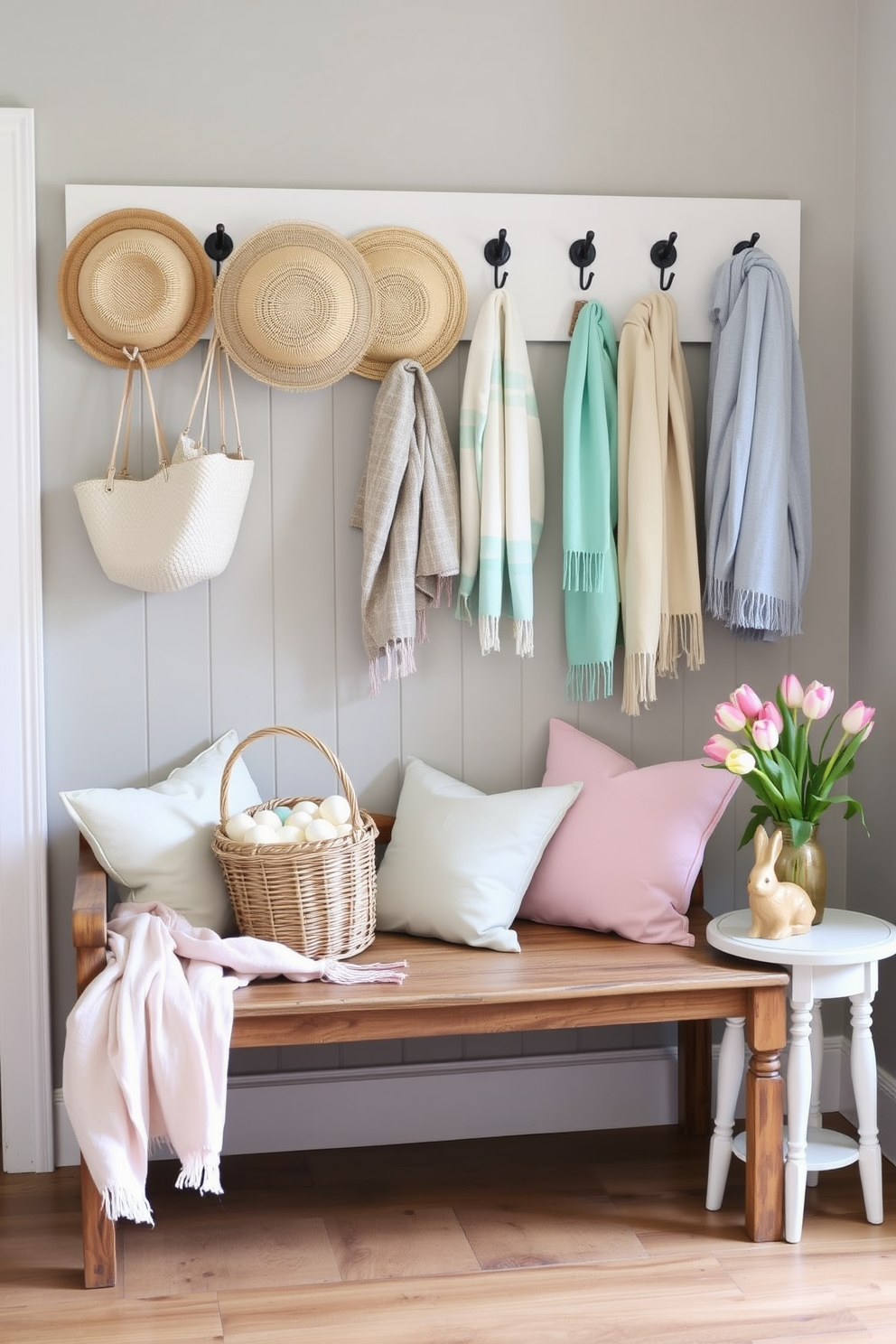 A welcoming mudroom adorned for Easter. A decorative basket filled with faux eggs rests on a rustic wooden bench, surrounded by pastel-colored cushions and a soft throw blanket. Above the bench, a peg rail holds a collection of straw hats and lightweight scarves in spring hues. A small table beside the bench features a ceramic bunny figurine and a vase of fresh tulips, adding a touch of seasonal charm.