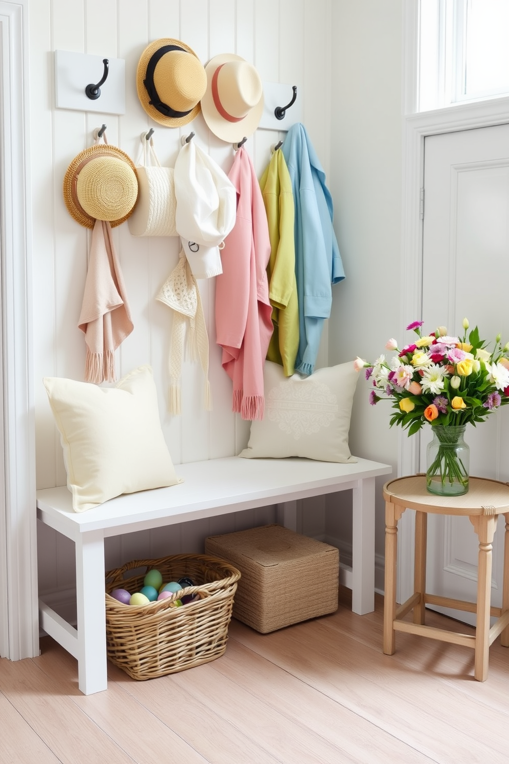 A bright and airy mudroom, decorated for Easter. The room features a white wooden bench with pastel-colored cushions and a wicker basket filled with colorful Easter eggs underneath. Above the bench, there are hooks holding a variety of spring-themed hats and lightweight jackets in soft hues. A small table to the side is adorned with a vibrant vase of fresh spring flowers, adding a pop of color.