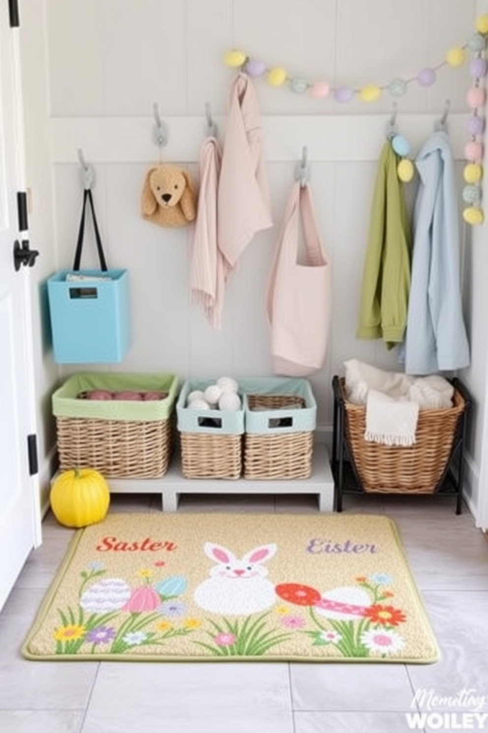 A charming Easter-themed welcome mat at the entrance. The mat features pastel-colored eggs, bunnies, and spring flowers, creating a cheerful and inviting atmosphere for guests. Mudroom Easter decorating ideas include pastel-colored storage bins and baskets for shoes and accessories. Add a festive touch with bunny-shaped hooks for coats and a garland of colorful eggs draped across the wall.