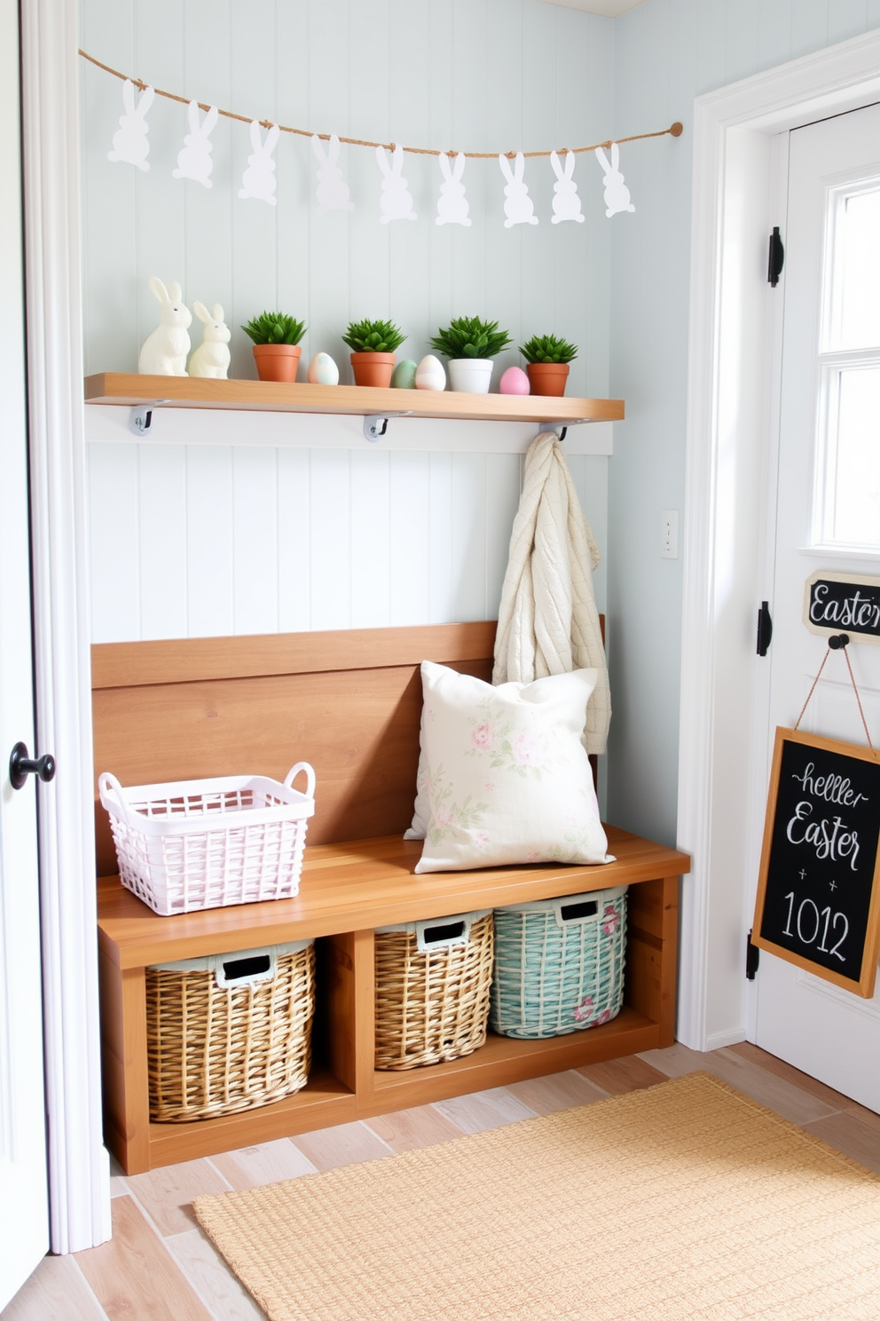 A cozy mudroom decorated for Easter. There are pastel-colored baskets for shoes and accessories, a wooden bench with a soft cushion in a floral pattern, and a garland of paper bunnies hanging above. On the shelf above the bench, there are small potted plants with vibrant green leaves, and a few ceramic Easter eggs in soft hues. The walls are painted a light, airy blue, and the floor is covered with a durable, easy-to-clean tile in a neutral tone. A woven rug with a subtle pattern adds warmth to the space, and a small chalkboard sign with a cheerful Easter greeting hangs on the wall.