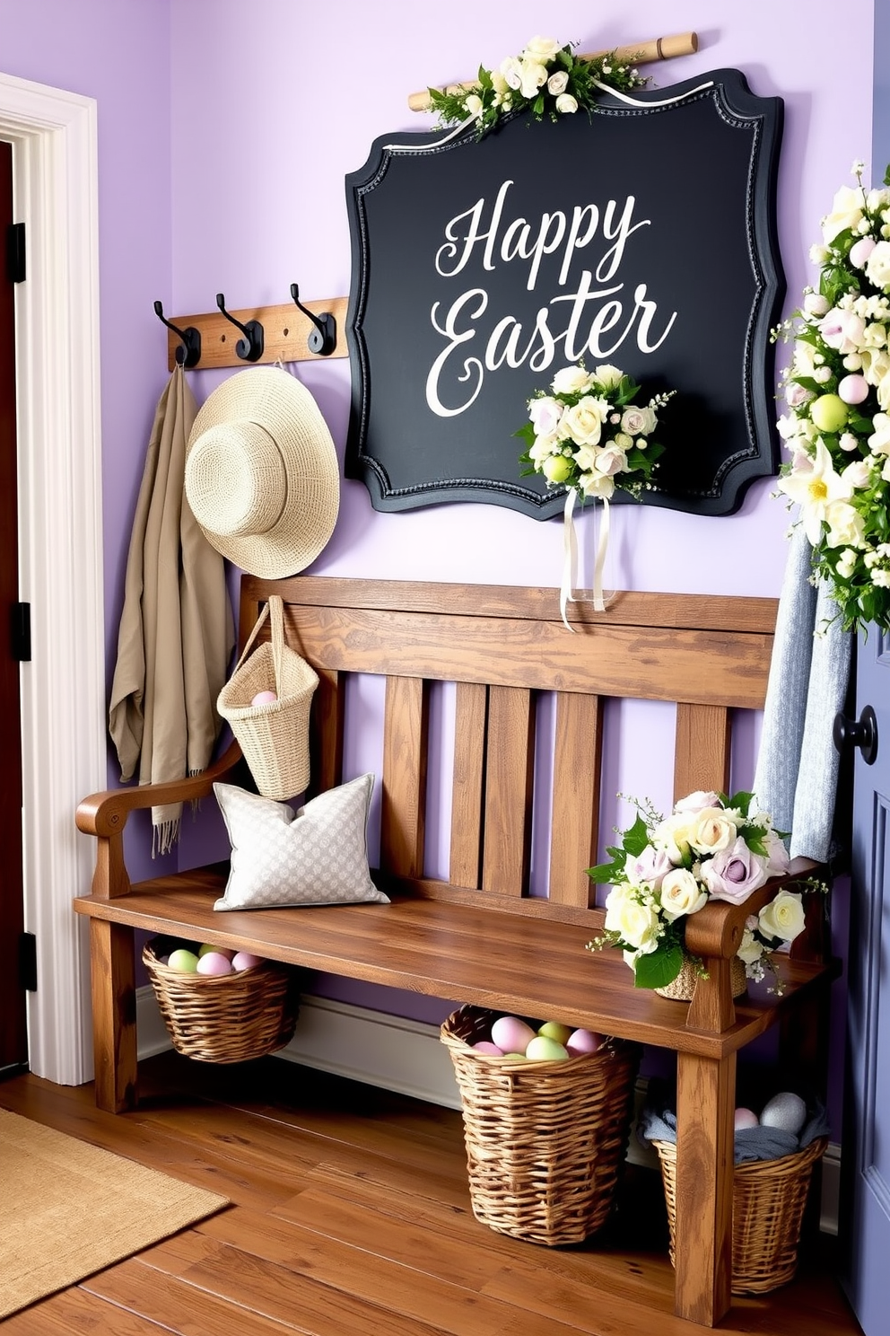 A cozy mudroom adorned with Easter decorations. A rustic wooden bench sits against the wall, with baskets filled with pastel-colored eggs underneath. Above the bench, hooks hold straw hats and light jackets, while a chalkboard with 