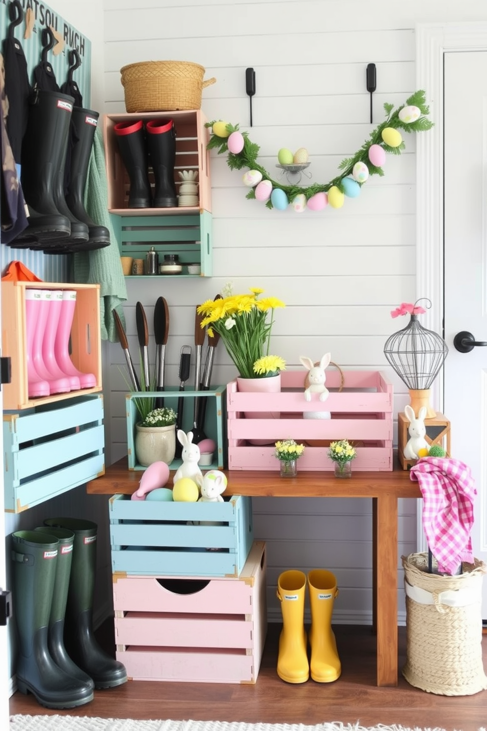 A cozy mudroom with vintage crates repurposed for storage and decor. The crates, painted in pastel hues, are stacked against a white shiplap wall, holding an array of rain boots, gardening tools, and seasonal decor. Easter-themed mudroom with cheerful decorations. Vintage crates filled with pastel-colored eggs, bunny figurines, and fresh spring flowers are placed on a wooden bench, while a garland of Easter eggs hangs above the door.