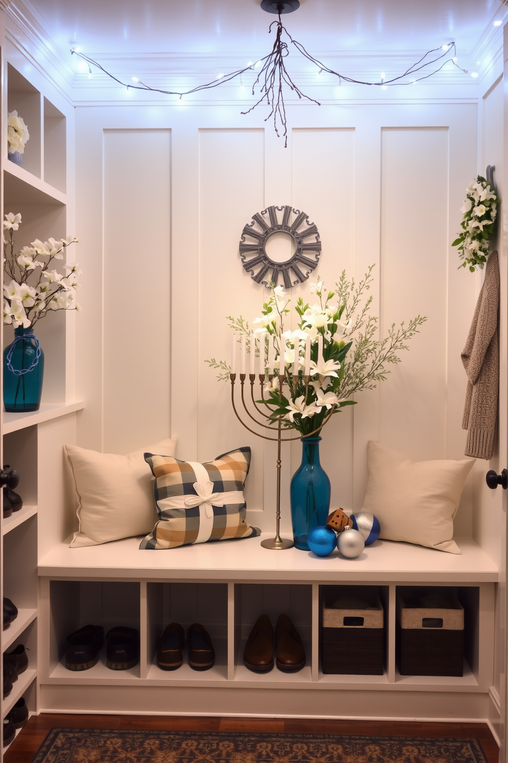 A serene mudroom adorned with white flowers in elegant blue vases. The space features a built-in bench with soft cushions, surrounded by organized storage for shoes and winter gear. Festive Hanukkah decorations bring warmth and joy to the room. Twinkling string lights hang above, while a beautifully arranged menorah sits prominently on the bench, accompanied by traditional dreidels and blue and silver ornaments.