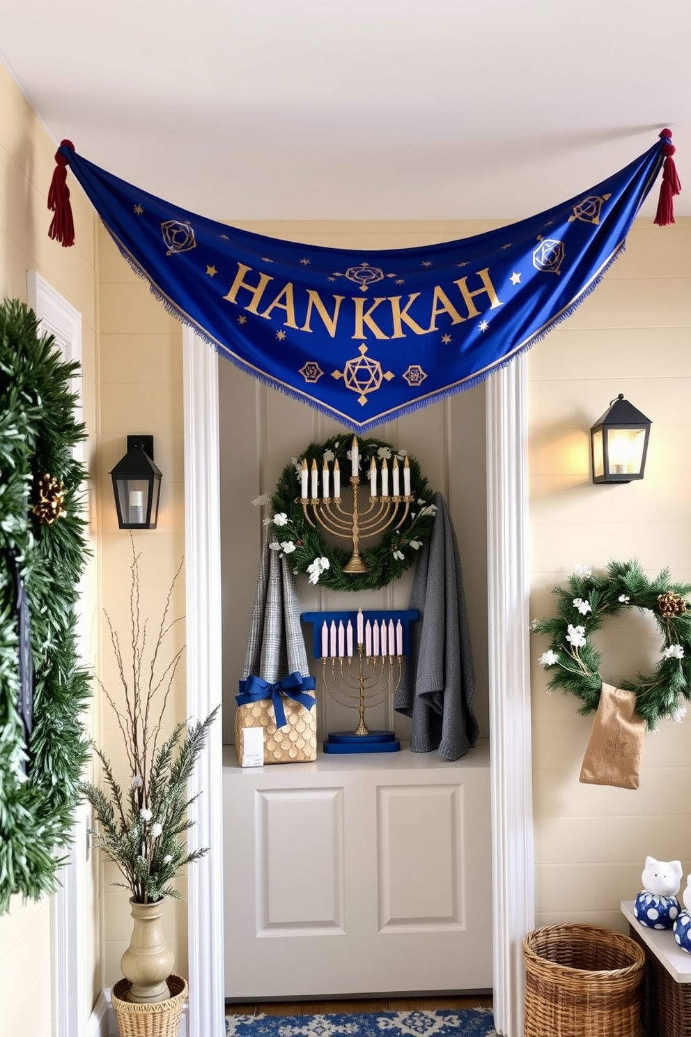 A festive Hanukkah banner hangs gracefully above the doorway, featuring vibrant blue and gold colors with traditional symbols. The mudroom is adorned with cozy decorations, including a menorah display and winter-themed accents that celebrate the holiday spirit.