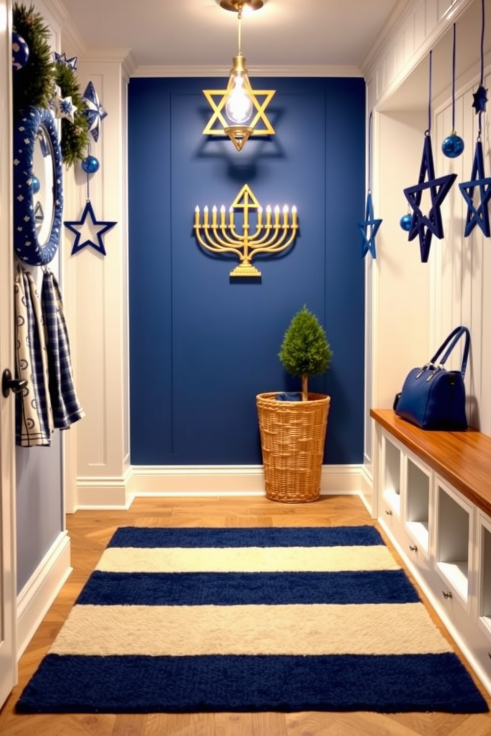 A cozy mudroom featuring a blue and white striped rug that adds a nautical touch to the space. The walls are adorned with festive Hanukkah decorations, including a beautiful menorah and blue star ornaments, creating a warm and inviting atmosphere.