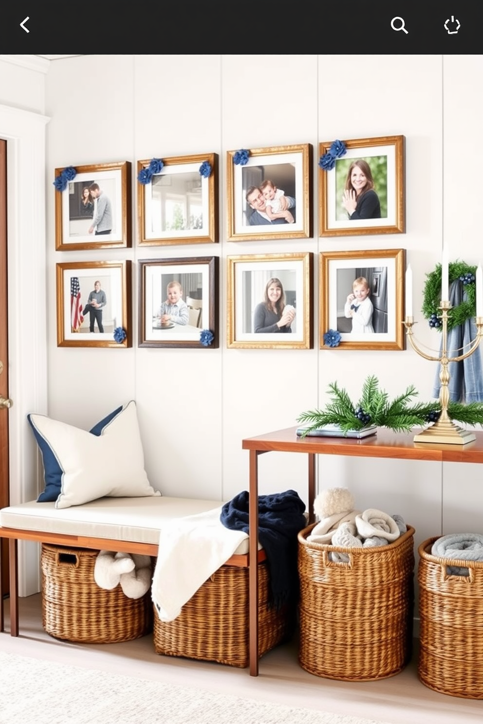 A cozy mudroom decorated for Hanukkah features a row of beautiful photo frames, each displaying cherished family memories from past celebrations. The frames are adorned with blue and silver accents, capturing the festive spirit, while a small menorah sits on a console table nearby, surrounded by seasonal greenery. The walls are painted in a soft white, providing a bright backdrop for the decorative elements. A stylish bench with plush cushions invites guests to sit, while a collection of winter accessories, like warm hats and scarves, are neatly organized in woven baskets beneath.