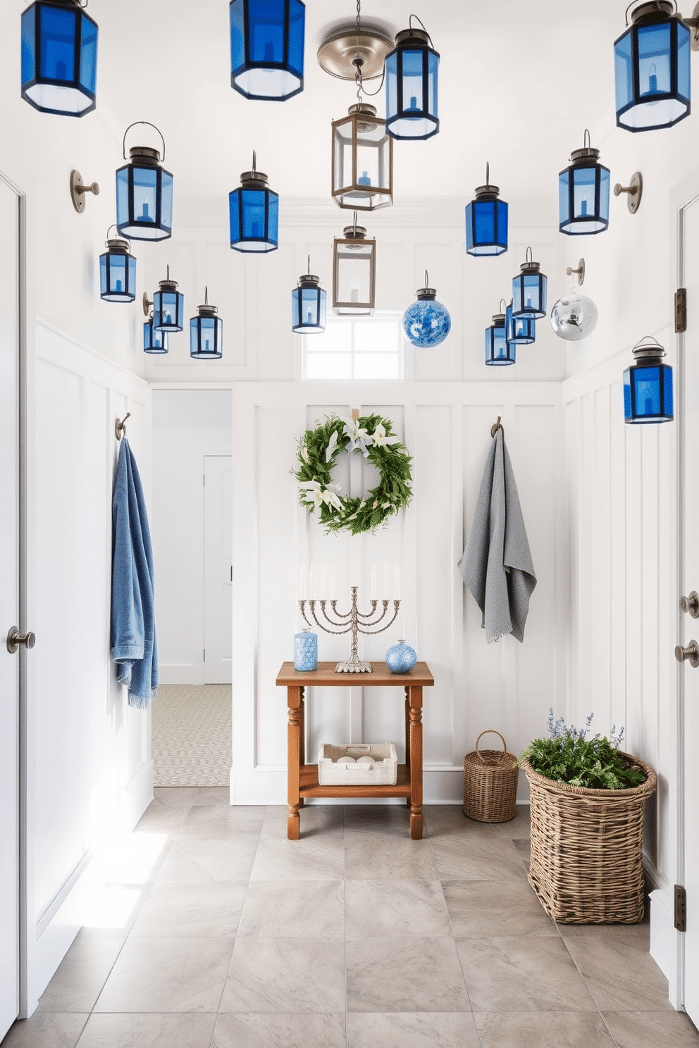 A serene mudroom adorned with blue and white lanterns, casting a soft glow throughout the space. The walls are painted a crisp white, while the floor features a durable, textured tile that complements the lanterns' hues. For Hanukkah, the mudroom is decorated with tasteful accents, including a menorah placed on a small wooden table. Festive blue and silver ornaments hang from the lanterns, adding a cheerful touch to the overall ambiance.