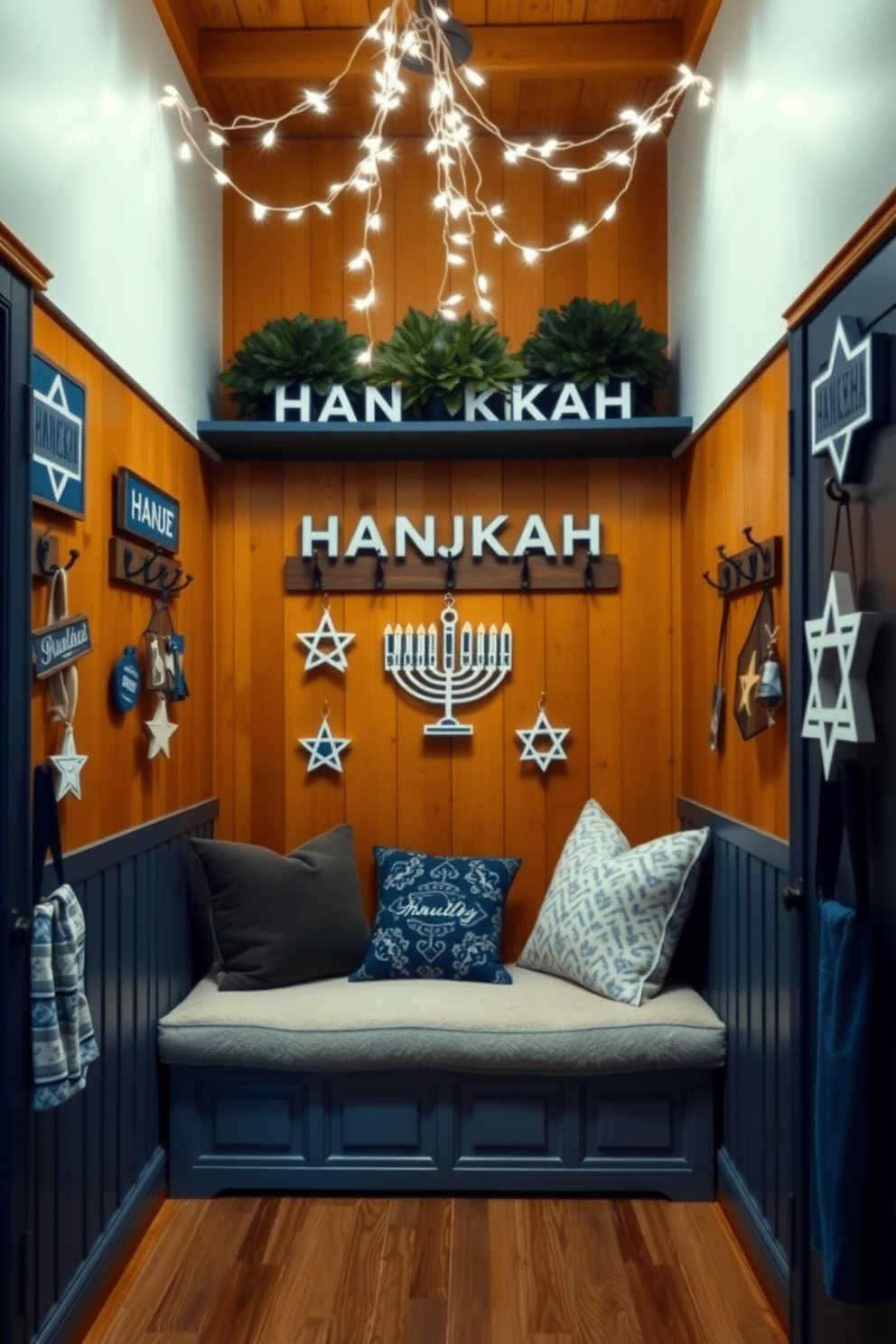 A cozy mudroom adorned with decorative Hanukkah signs. The walls are lined with warm wood paneling, and a cheerful blue and white color scheme brings a festive touch to the space. A large, welcoming bench covered in plush cushions sits in the center, surrounded by hooks displaying beautifully crafted Hanukkah decorations. Twinkling fairy lights drape across the ceiling, casting a soft glow over the room, enhancing the holiday spirit.