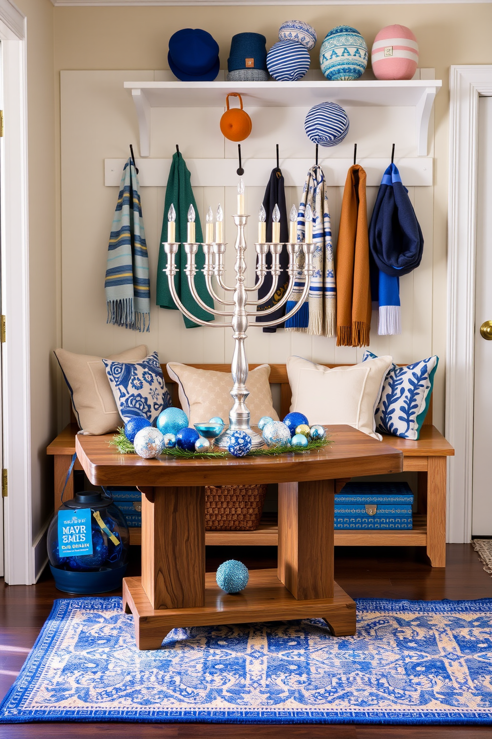 A stunning silver menorah serves as the centerpiece, elegantly placed on a handcrafted wooden table adorned with festive decorations. Surrounding the menorah, vibrant blue and white accents reflect the colors of Hanukkah, creating a warm and inviting atmosphere. The mudroom is transformed into a festive space with cheerful Hanukkah-themed decor, featuring a cozy bench with plush cushions. Wall hooks display colorful scarves and hats, while a decorative rug adds a touch of warmth and comfort to the entryway.