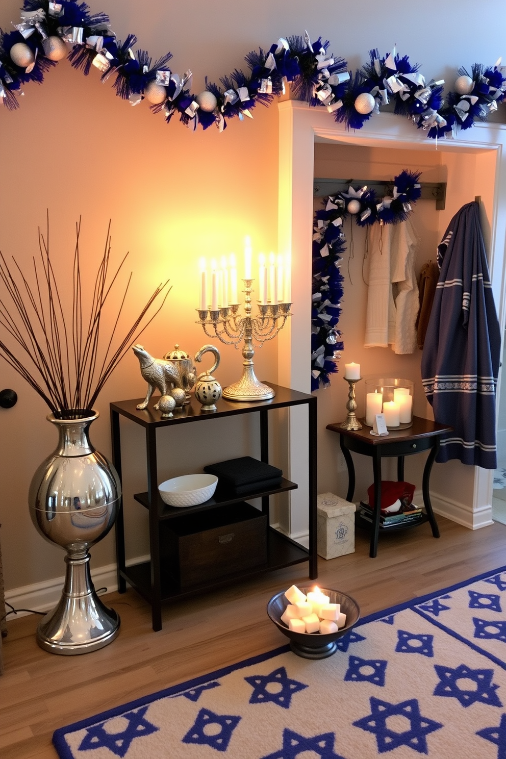 A beautifully arranged menorah display graces the entry table, surrounded by a collection of decorative dreidels and shimmering silver accents. Soft, warm lighting highlights the intricate details of the menorah, creating a welcoming atmosphere for guests. In the mudroom, festive Hanukkah decorations bring a cheerful touch, with blue and white garlands draped across the hooks and a cozy rug featuring Star of David patterns. A small table is adorned with a bowl of gelt and candles, inviting family members to celebrate the season as they enter the home.