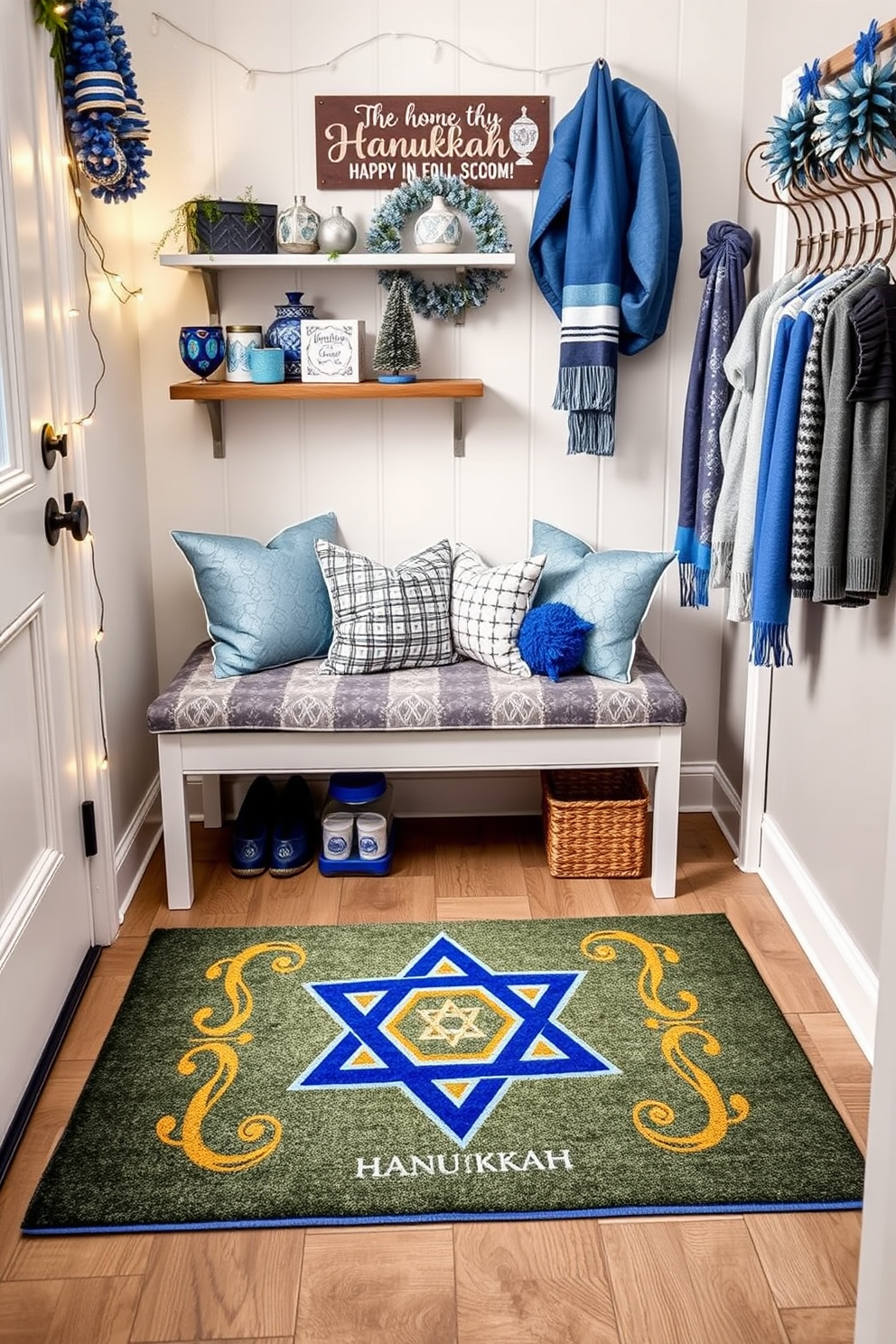 A festive Hanukkah-themed doormat welcomes guests with a beautiful design featuring a Star of David and menorah motifs in vibrant blue and gold. The doormat is placed in a cozy mudroom adorned with holiday decorations, including string lights and a small display of dreidels on a shelf. In the mudroom, a cheerful arrangement of blue and silver accents complements the doormat, creating a warm and inviting atmosphere. A decorative bench with plush cushions provides a comfortable spot for removing shoes, while a wall-mounted rack holds winter coats and scarves, all enhanced with subtle Hanukkah touches.