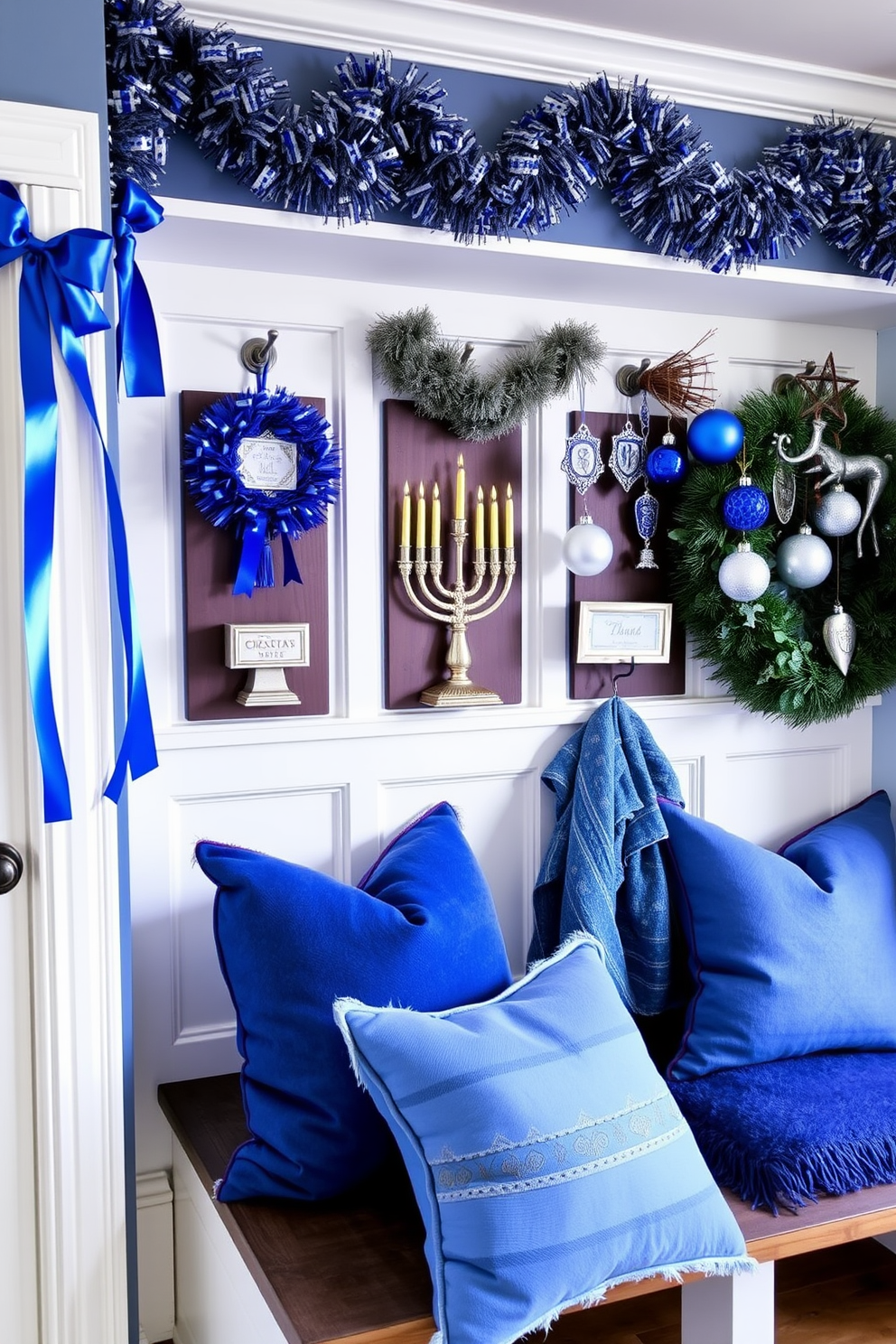 A stylish mudroom adorned for Hanukkah features a stunning blue and silver color palette. The walls are decorated with festive blue ribbons, while silver accents add a touch of elegance to the space. A beautifully arranged display showcases menorahs and dreidels, complemented by blue and silver ornaments hanging from hooks. Cozy seating is adorned with plush cushions in shades of blue, inviting guests to relax and enjoy the holiday spirit.