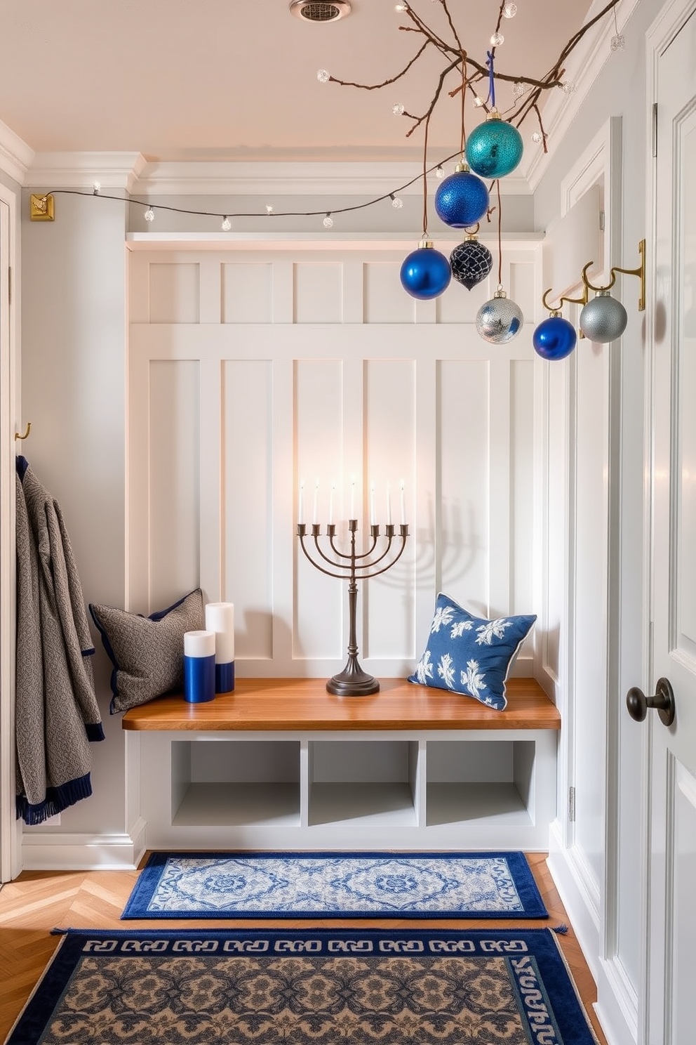 A serene mudroom adorned with blue and white candles of varying heights, creating a calming atmosphere. The space features built-in wooden benches and hooks for coats, with a backdrop of soft grey walls and a patterned rug underfoot. For Hanukkah, the mudroom is decorated with festive accents, including a menorah displayed prominently on the bench. String lights twinkle overhead, adding warmth to the space, while blue and silver ornaments hang from the hooks, enhancing the holiday spirit.