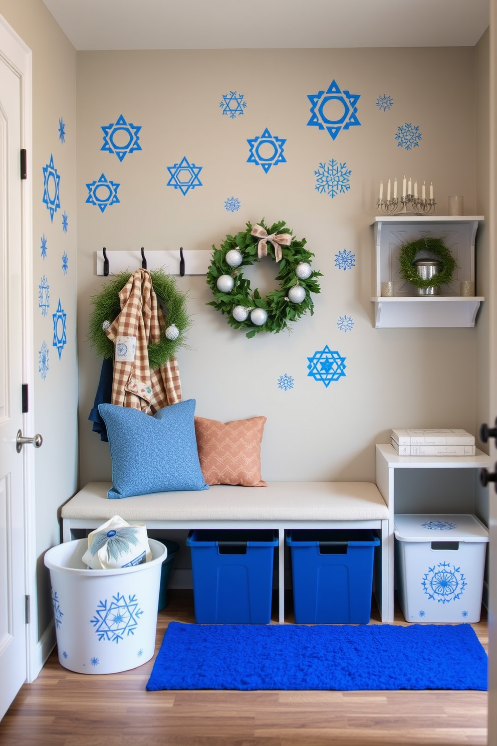 A warm and inviting mudroom adorned with festive Hanukkah wall decals, featuring blue and silver designs that celebrate the holiday spirit. The space includes a bench with plush cushions, hooks for coats, and a decorative menorah displayed on a nearby shelf. Incorporate elements like a vibrant blue area rug and a wreath made of fresh greens and silver ornaments to enhance the festive atmosphere. Add storage bins decorated with Hanukkah motifs to keep the area organized while maintaining a cheerful holiday theme.