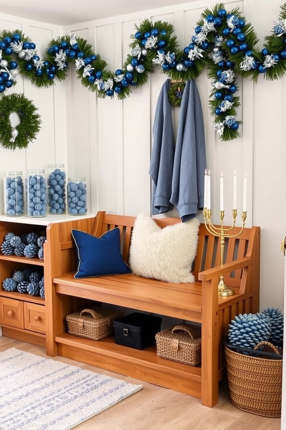 A cozy mudroom decorated for Hanukkah features a wooden bench with plush cushions, surrounded by blue pinecones arranged in glass jars on a nearby shelf. The walls are adorned with festive garlands of blue and silver, while a cheerful menorah sits on the bench, adding warmth and holiday spirit to the space.