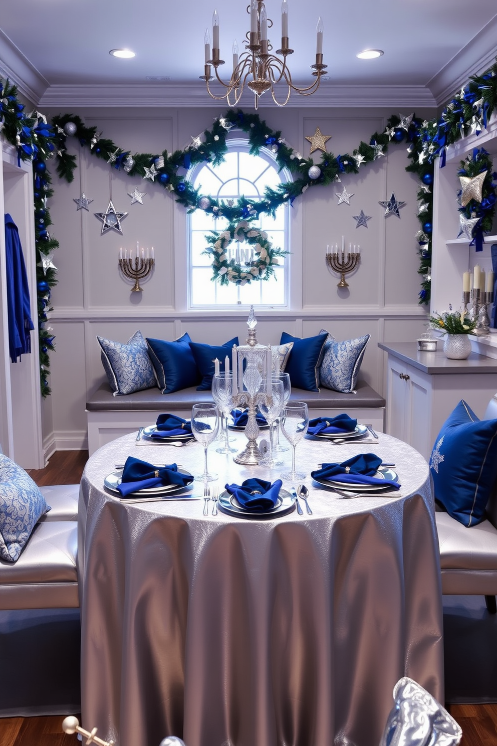 A stunning table setting featuring silver and blue tones. The table is elegantly dressed with a shimmering silver tablecloth, accented by blue napkins and crystal glassware, creating a festive atmosphere. A welcoming mudroom adorned with Hanukkah decorations. The space features a cozy bench with blue and silver cushions, while the walls are adorned with menorahs and garlands of stars, enhancing the holiday spirit.