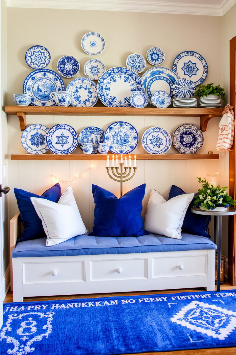 A collection of blue and white ceramic plates is artfully displayed on a rustic wooden shelf, adding a touch of elegance to the space. The intricate designs of the plates contrast beautifully with the natural texture of the wood, creating a visually appealing focal point. The mudroom is festively decorated for Hanukkah, featuring a cozy bench adorned with plush blue cushions. Twinkling string lights and a menorah sit atop a side table, while a vibrant blue and white rug ties the space together, inviting warmth and celebration.