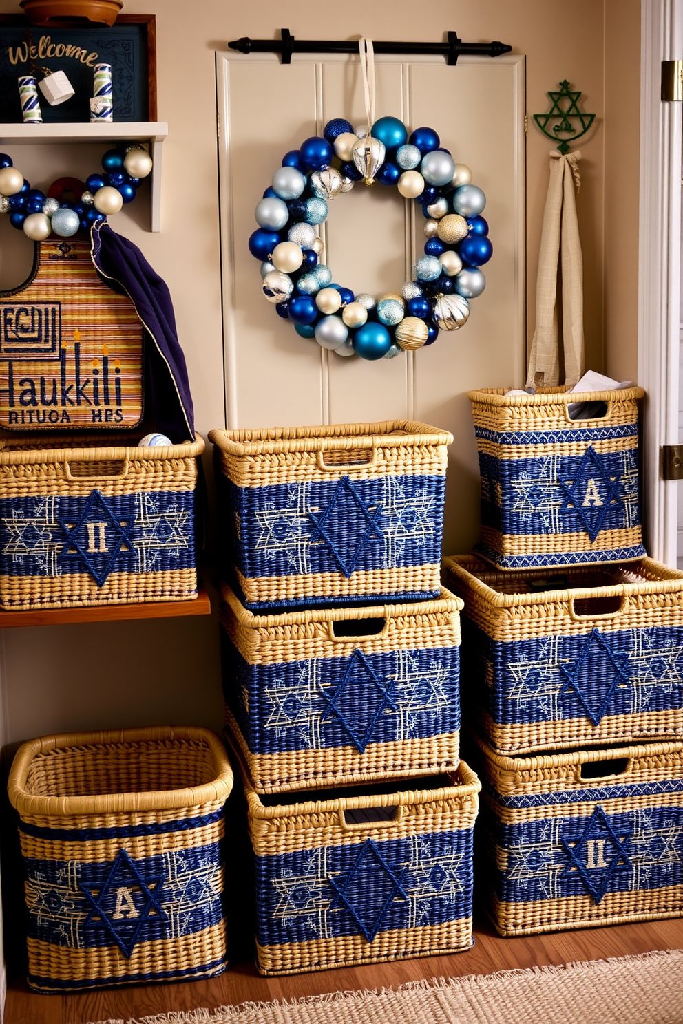 A collection of Hanukkah-themed storage baskets is arranged in a cozy mudroom, featuring vibrant blue and silver colors with intricate Star of David patterns. Each basket is crafted from natural fibers, adding warmth to the space, while decorative dreidels and menorahs accentuate the festive atmosphere. The mudroom is adorned with subtle Hanukkah decorations, including a welcoming wreath made of blue and white ornaments on the door. Soft, ambient lighting highlights the space, creating a cheerful and inviting environment for family and guests during the holiday season.