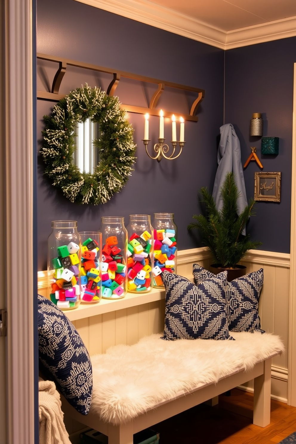 A cozy mudroom decorated for Hanukkah features a row of glass hurricane jars filled with colorful dreidels, creating a festive focal point. The walls are adorned with blue and silver accents, and a bench with plush cushions invites guests to sit and enjoy the holiday spirit.