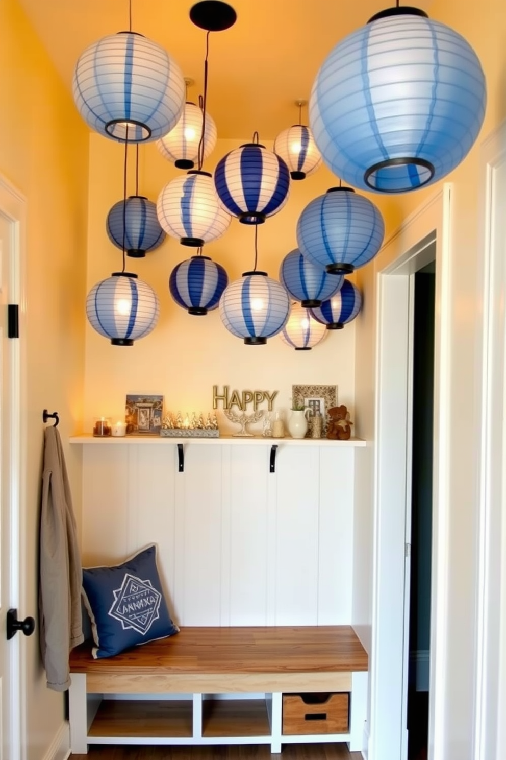 A cozy mudroom adorned with blue and white paper lanterns hanging from the ceiling, casting a warm glow throughout the space. The walls are painted in a soft cream color, complemented by a wooden bench with storage underneath and a collection of festive Hanukkah decorations displayed on the shelves.