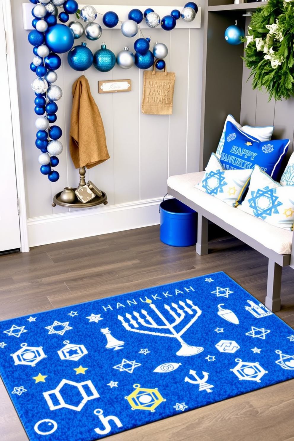 A Hanukkah-themed welcome mat greets guests with a vibrant blue background adorned with white and gold menorahs, dreidels, and Stars of David. The mat is plush and inviting, perfectly complementing the festive spirit of the season. In the mudroom, hang garlands made of blue and silver ornaments alongside a collection of menorahs and decorative dreidels. A cozy bench with decorative pillows featuring Hanukkah motifs provides a warm and welcoming spot for family and friends to gather.