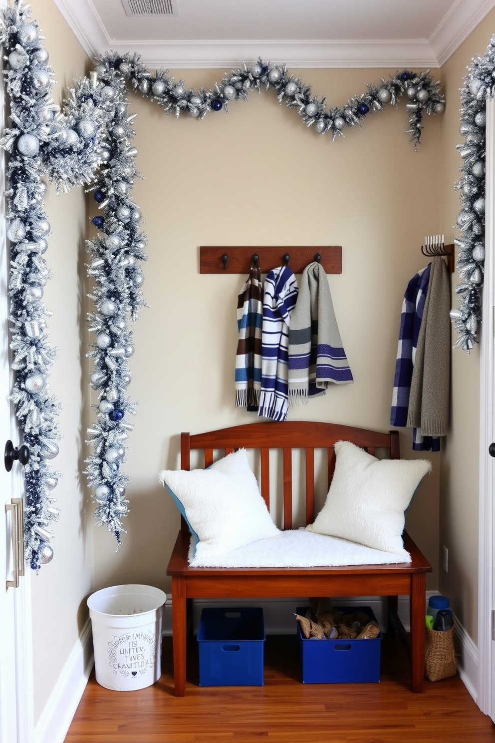 A cozy mudroom adorned for Hanukkah, featuring silver and blue garlands draped elegantly along the walls. A wooden bench with plush cushions sits against the wall, while decorative hooks display festive winter coats and scarves.