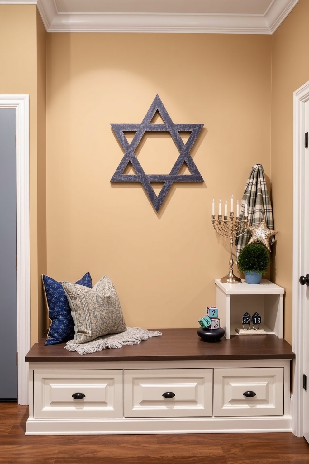 A stunning mudroom featuring a large Star of David wall art as a focal point. The walls are painted in a warm beige tone, complemented by a stylish bench with built-in storage for shoes and winter gear. For Hanukkah, the mudroom is adorned with festive decorations, including blue and silver accents. A cozy throw blanket drapes over the bench, and a small table displays a menorah surrounded by decorative dreidels.