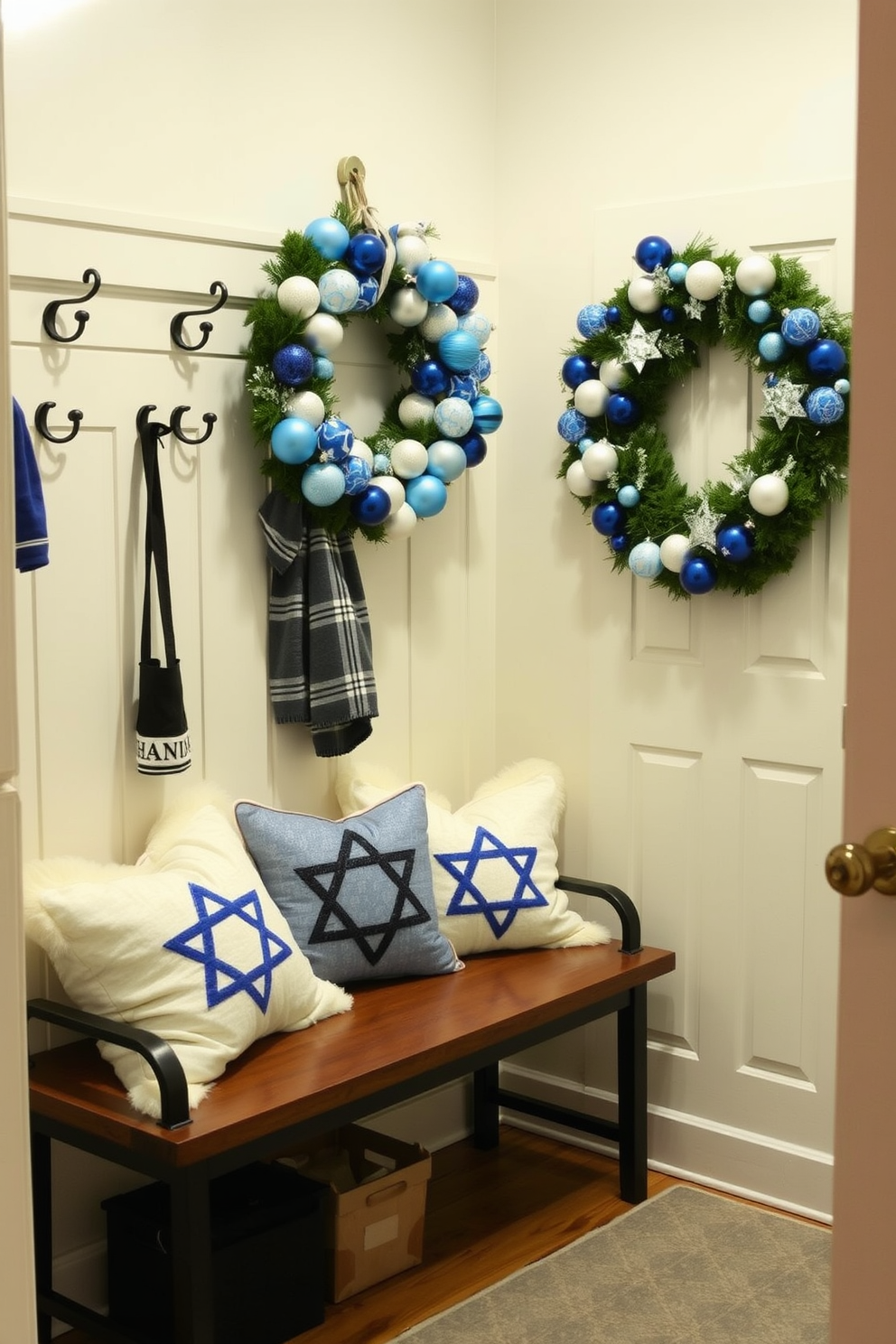 A cozy mudroom decorated for Hanukkah features a bench with plush throw pillows adorned with blue and silver menorah designs. The walls are lined with hooks for winter coats, and a festive wreath made of blue and white ornaments hangs on the door. Incorporate cheerful Hanukkah-themed throw pillows on the bench, showcasing various symbols like dreidels and stars of David. Soft lighting from a nearby lamp creates a warm ambiance, complementing the holiday decor.